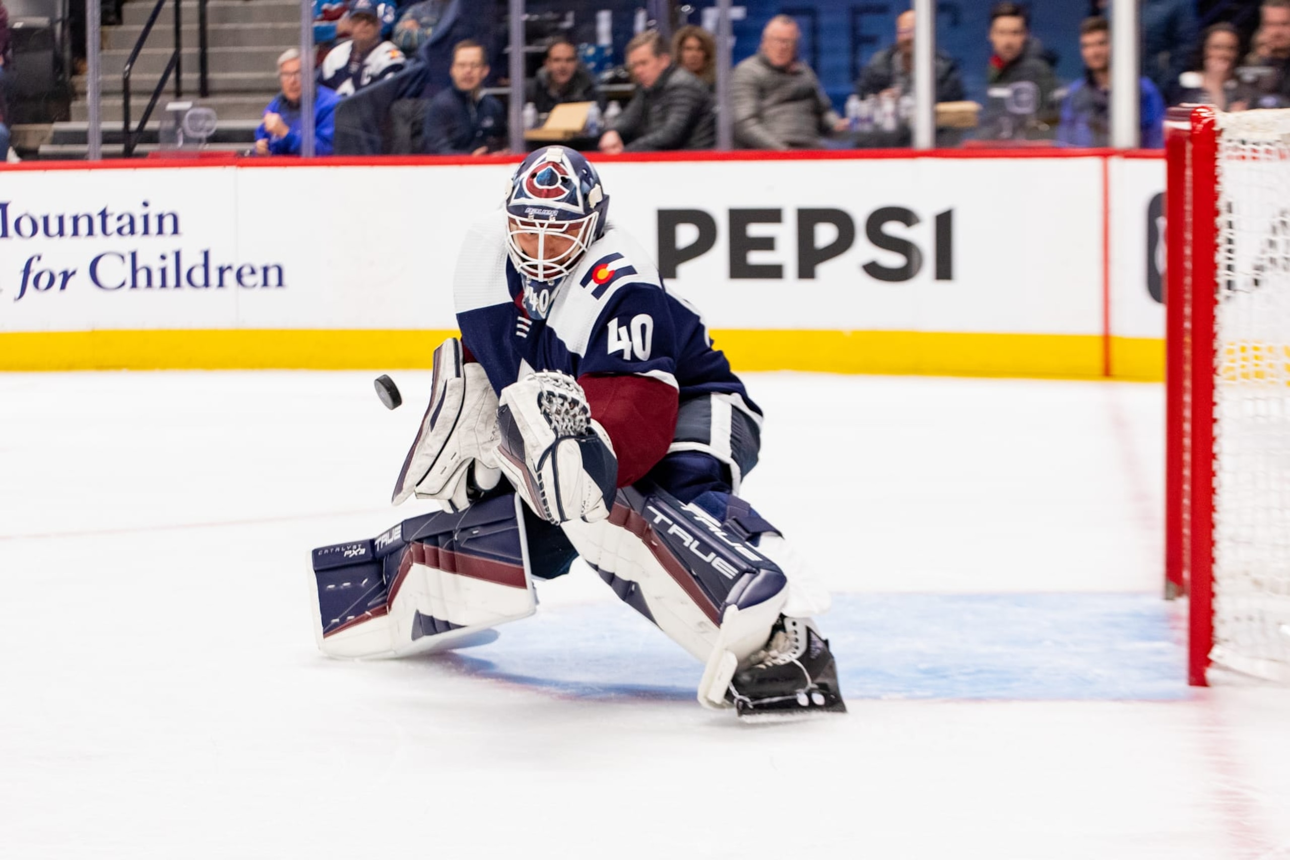 DENVER, COLORADO - FEBRUARY 27: Alexandar Georgiev #40 of the Colorado Avalanche makes a save after losing his stick in the first period against the Dallas Stars at Ball Arena on February 27, 2024 in Denver, Colorado. (Photo by Ashley Potts/NHLI via Getty Images)