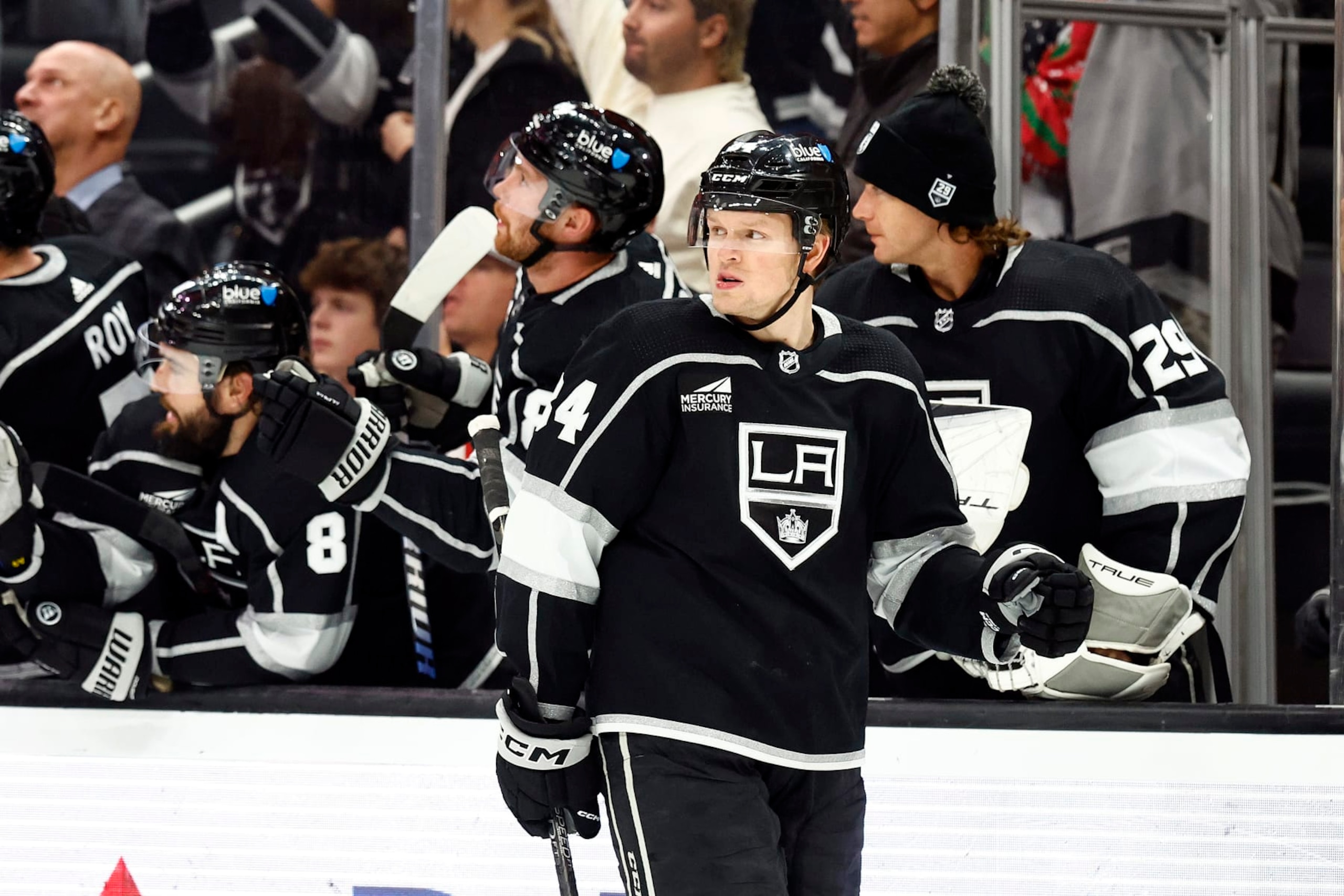 LOS ANGELES, CALIFORNIA - NOVEMBER 29:  Arthur Kaliyev #34 of the Los Angeles Kings celebrates a goal against the Washington Capitals in the first period at Crypto.com Arena on November 29, 2023 in Los Angeles, California. (Photo by Ronald Martinez/Getty Images)