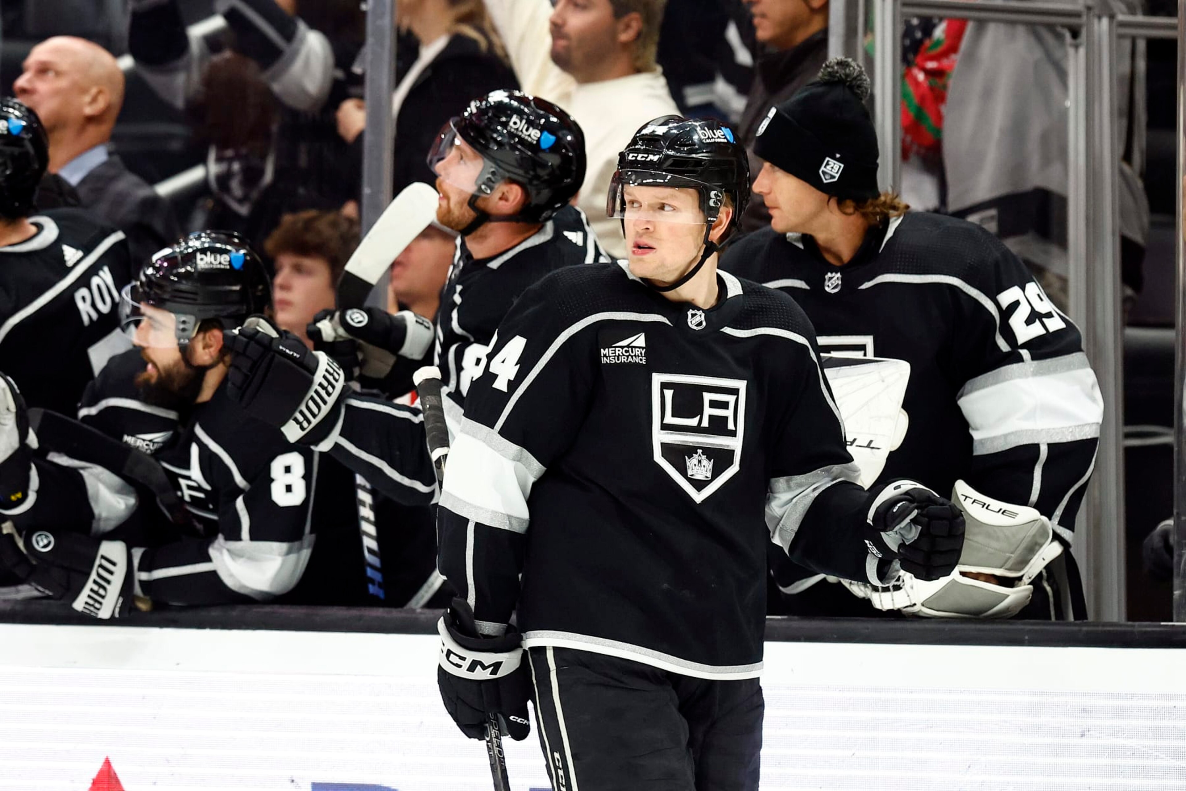 LOS ANGELES, CALIFORNIA - NOVEMBER 29:  Arthur Kaliyev #34 of the Los Angeles Kings celebrates a goal against the Washington Capitals in the first period at Crypto.com Arena on November 29, 2023 in Los Angeles, California. (Photo by Ronald Martinez/Getty Images)