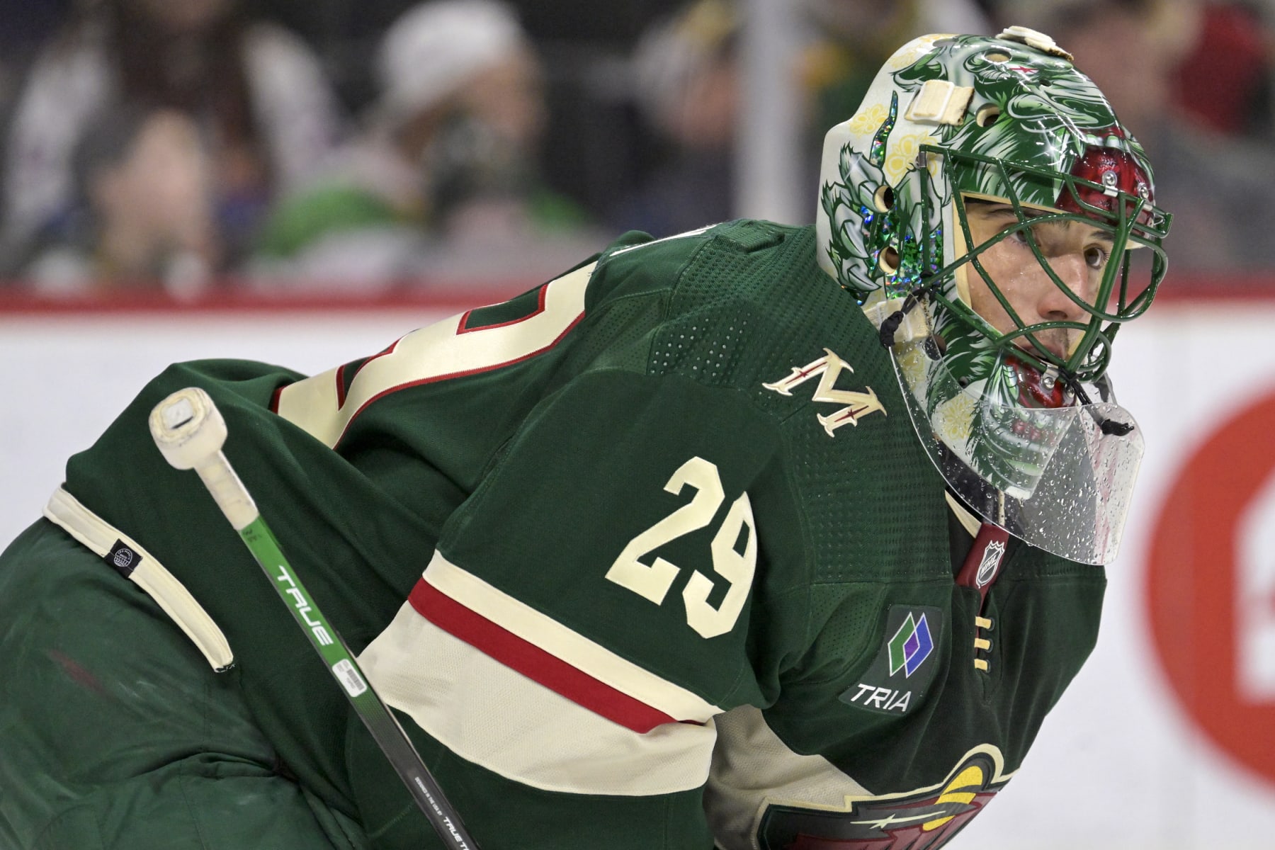 ST. PAUL, MN - JANUARY 15: Minnesota Wild Goalie Marc-Andre Fleury (29) looks on during the first period of an NHL game between the Minnesota Wild and New York Islanders on January 15, 2024, at Xcel Energy Center in St. Paul, MN.(Photo by Nick Wosika/Icon Sportswire via Getty Images)