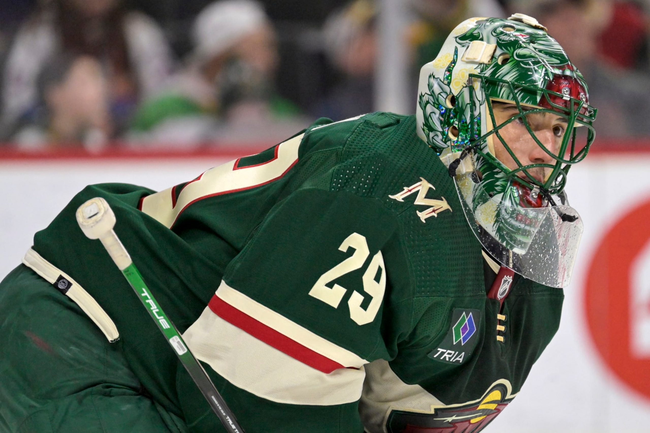 ST. PAUL, MN - JANUARY 15: Minnesota Wild Goalie Marc-Andre Fleury (29) looks on during the first period of an NHL game between the Minnesota Wild and New York Islanders on January 15, 2024, at Xcel Energy Center in St. Paul, MN.(Photo by Nick Wosika/Icon Sportswire via Getty Images)