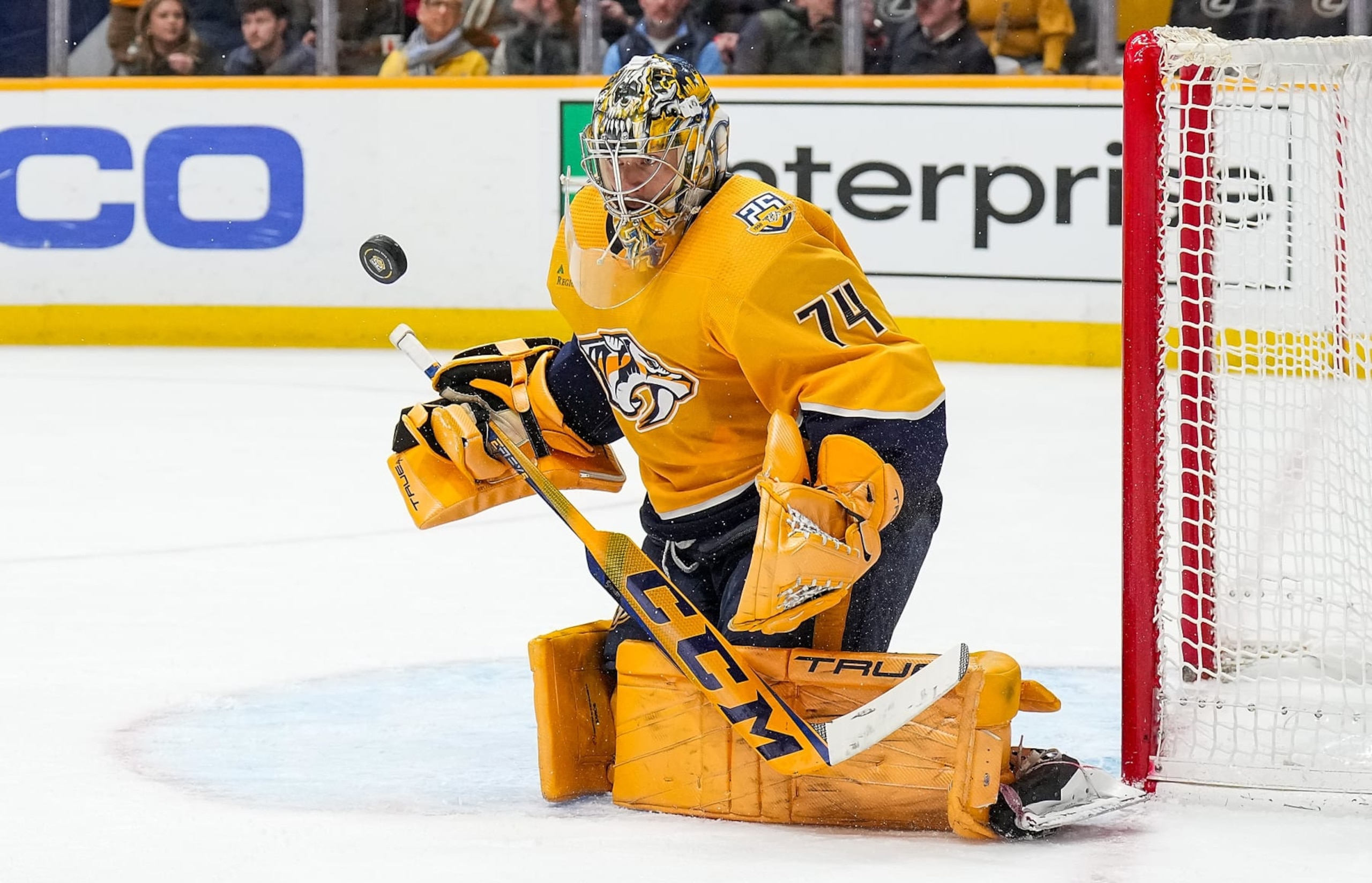 NASHVILLE, TENNESSEE - FEBRUARY 29: Juuse Saros #74 of the Nashville Predators tends net against the Minnesota Wild during an NHL game at Bridgestone Arena on February 29, 2024 in Nashville, Tennessee. (Photo by John Russell/NHLI via Getty Images)