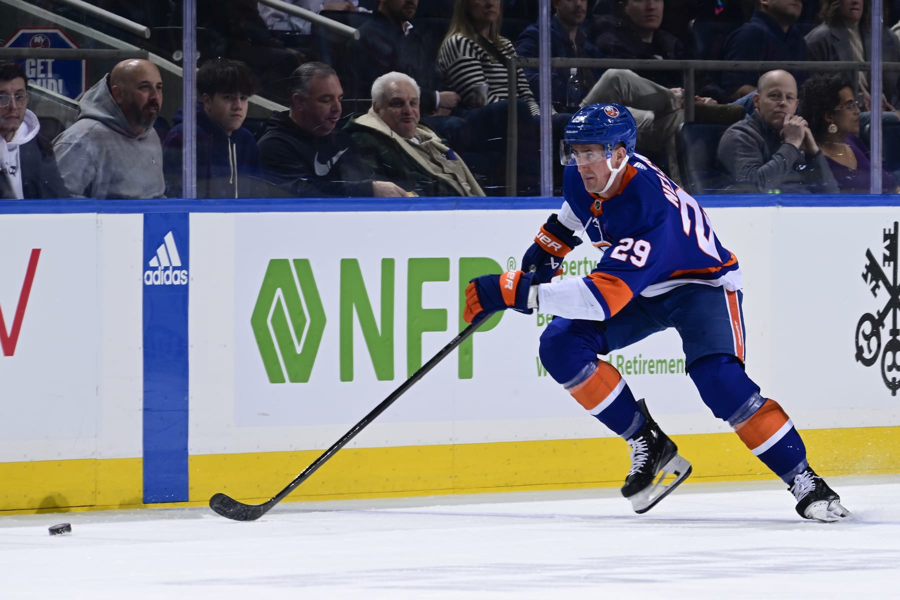 ELMONT, NEW YORK - FEBRUARY 08:  Brock Nelson #29 of the New York Islanders handles the puck against the Tampa Bay Lightning at UBS Arena on February 08, 2024 in Elmont, New York. (Photo by Steven Ryan/NHLI via Getty Images)