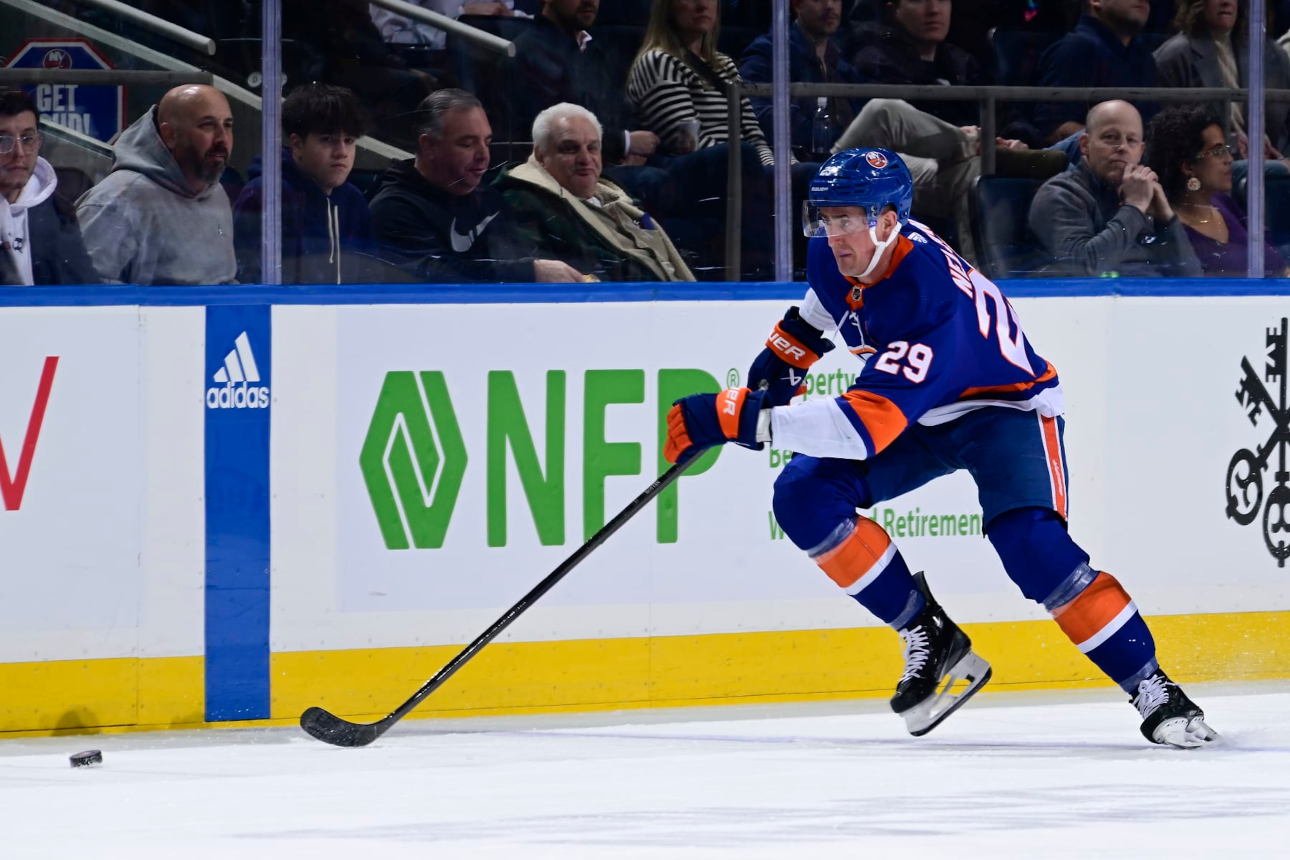 ELMONT, NEW YORK - FEBRUARY 08:  Brock Nelson #29 of the New York Islanders handles the puck against the Tampa Bay Lightning at UBS Arena on February 08, 2024 in Elmont, New York. (Photo by Steven Ryan/NHLI via Getty Images)