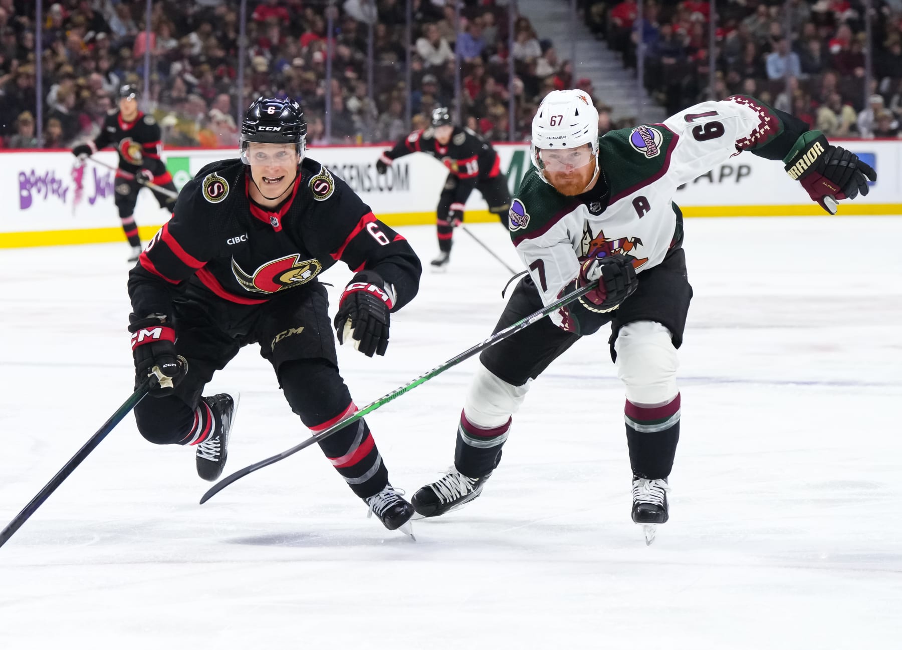 OTTAWA, CANADA - MARCH 1: Jakob Chychrun #6 of the Ottawa Senators skates against Lawson Crouse #67 of the Arizona Coyotes during the second period at Canadian Tire Centre on March 1, 2024 in Ottawa, Ontario, Canada.  (Photo by Andrea Cardin/NHLI via Getty Images)
