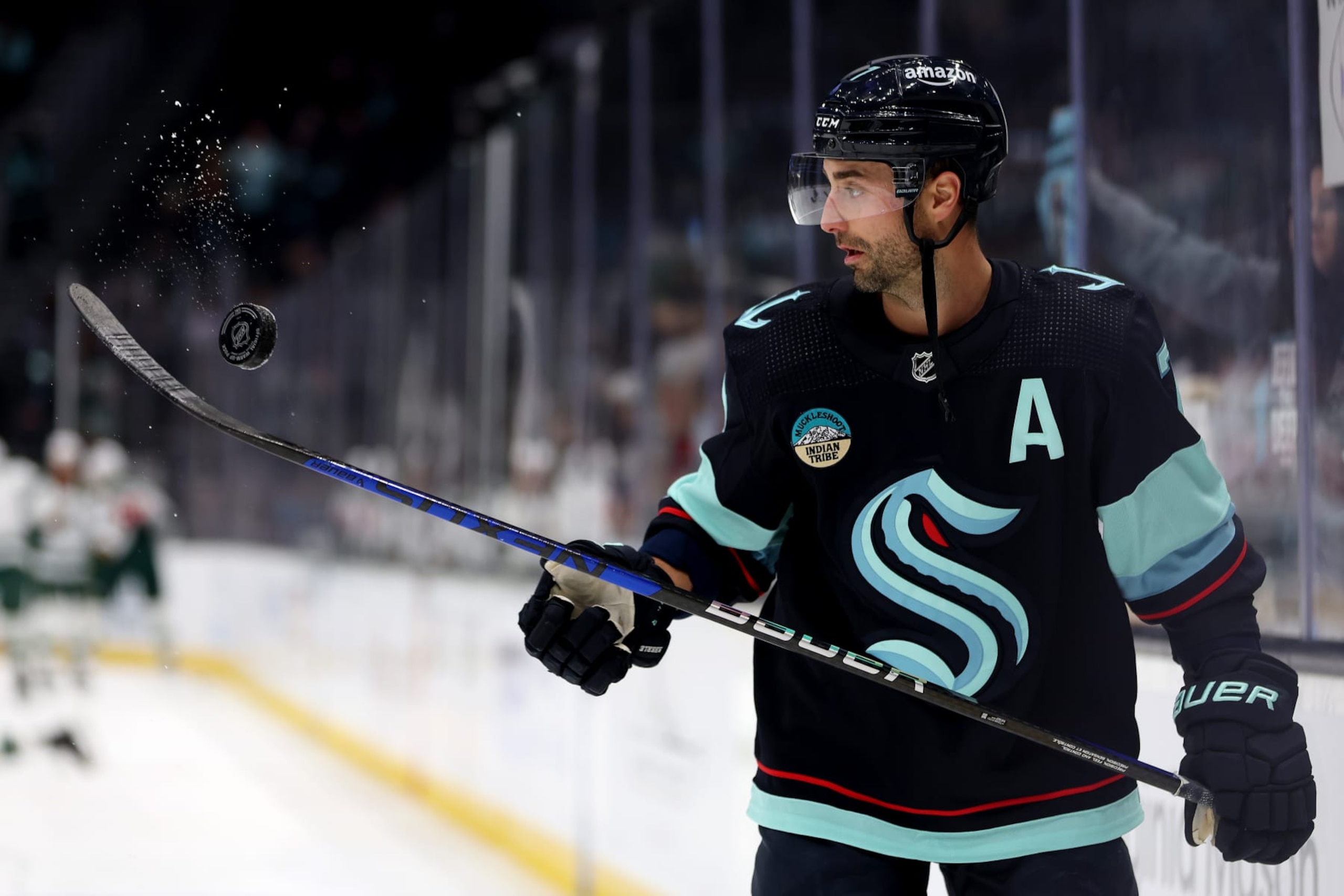 SEATTLE, WASHINGTON - DECEMBER 10: Jordan Eberle #7 of the Seattle Kraken warms up before the game against the Minnesota Wild at Climate Pledge Arena on December 10, 2023 in Seattle, Washington. (Photo by Steph Chambers/Getty Images)