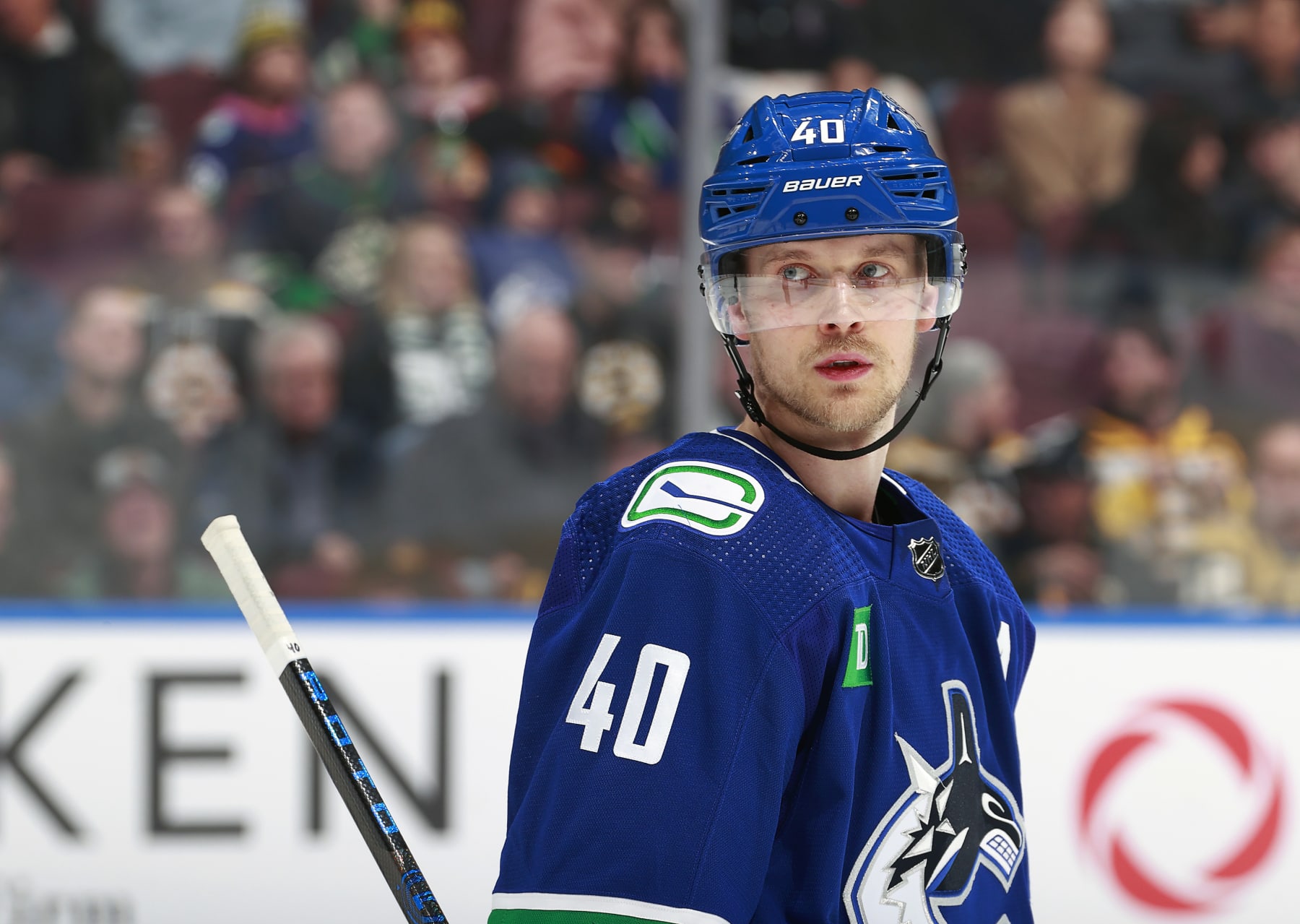 VANCOUVER, CANADA - FEBRUARY 24:Elias Pettersson #40 of the Vancouver Canucks skates up ice during their NHL game against the Boston Bruins at Rogers Arena on February 24, 2024 in Vancouver, British Columbia, Canada.  (Photo by Jeff Vinnick/NHLI via Getty Images)