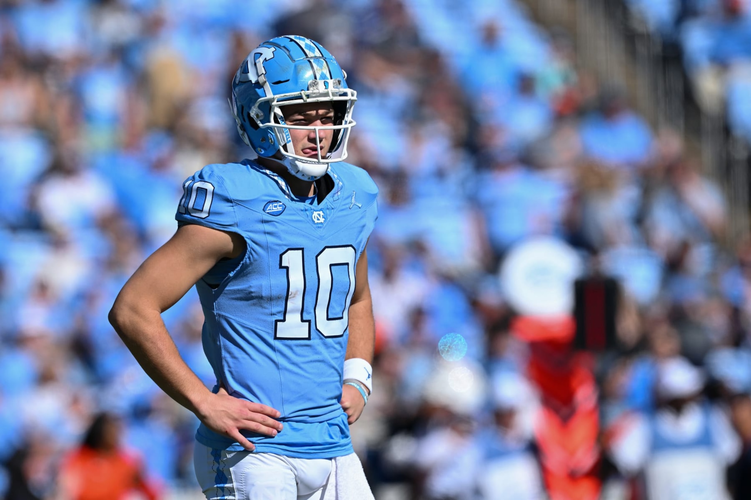CHAPEL HILL, NORTH CAROLINA - NOVEMBER 04: Drake Maye #10 of the North Carolina Tar Heels looks on during the game against the Campbell Fighting Camels at Kenan Memorial Stadium on November 04, 2023 in Chapel Hill, North Carolina. The Tar Heels won 59-7. (Photo by Grant Halverson/Getty Images) CHAPEL HILL, NORTH CAROLINA - NOVEMBER 04: Drake Maye #10 of the North Carolina Tar Heels looks on during the game against the Campbell Fighting Camels at Kenan Memorial Stadium on November 04, 2023 in Chapel Hill, North Carolina. The Tar Heels won 59-7. (Photo by Grant Halverson/Getty Images)