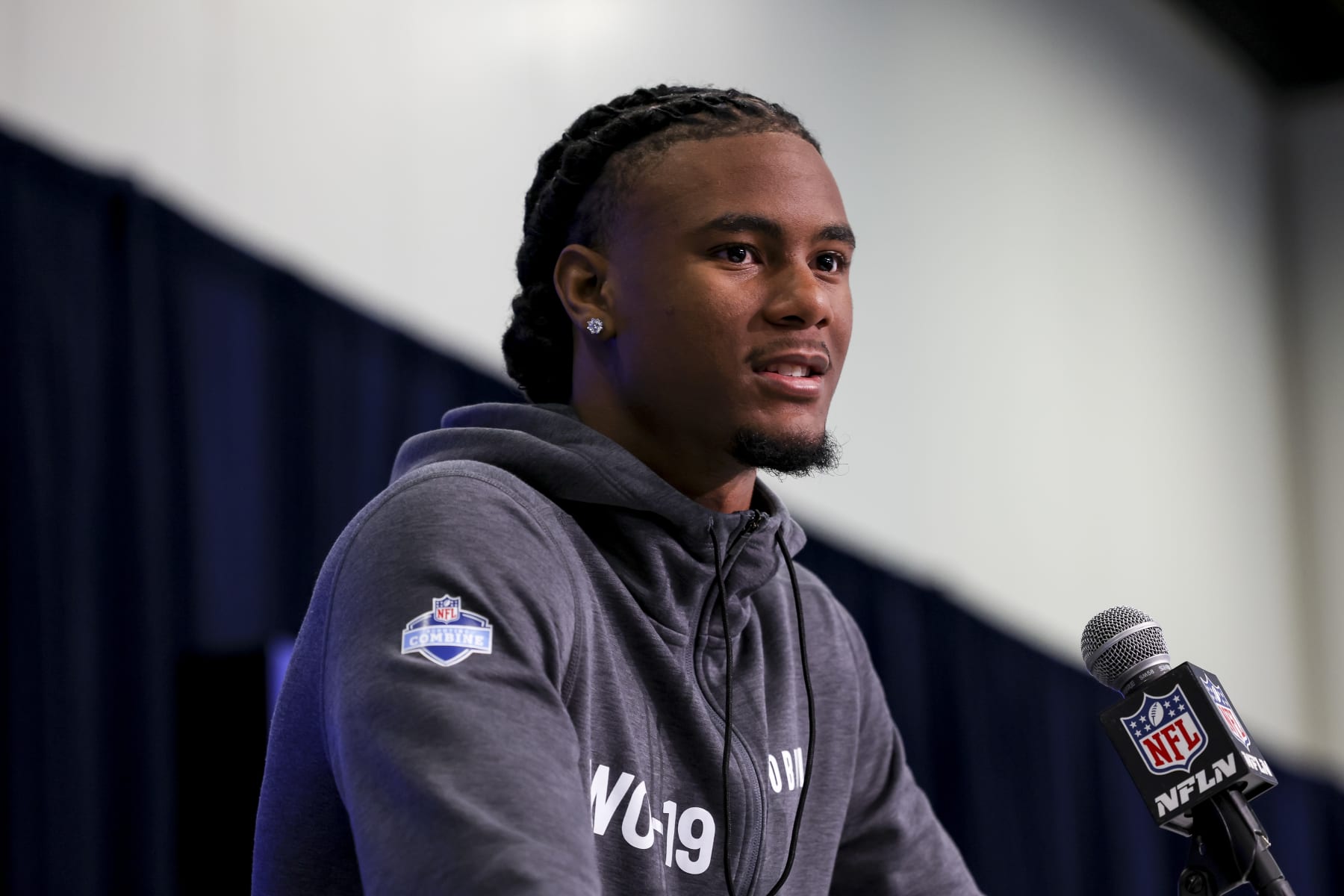 INDIANAPOLIS, INDIANA - MARCH 01: Adonai Mitchell #WO19 of Texas speaks to the media during the NFL Combine at the Indiana Convention Center on March 01, 2024 in Indianapolis, Indiana. (Photo by Kara Durrette/Getty Images)