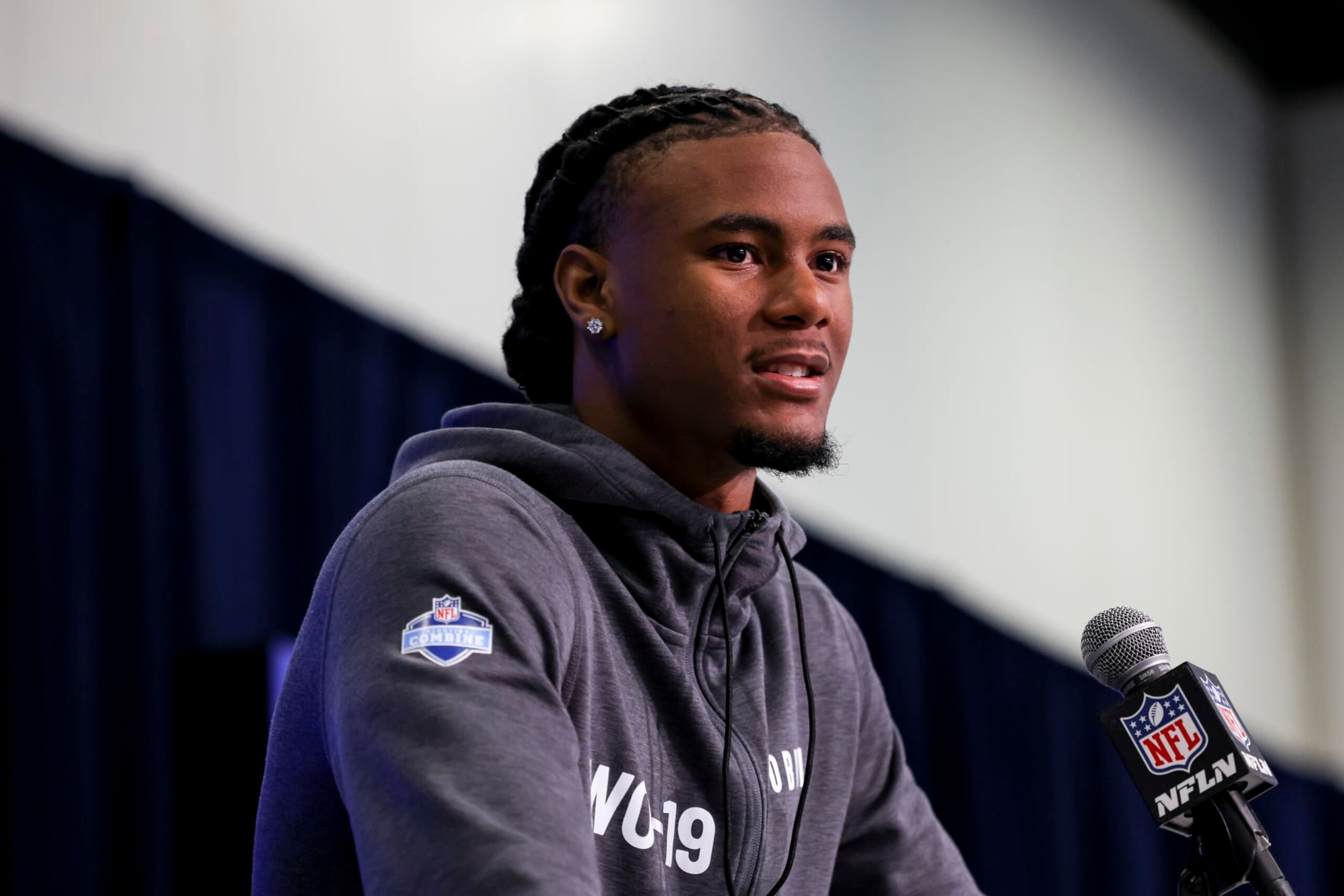 INDIANAPOLIS, INDIANA - MARCH 01: Adonai Mitchell #WO19 of Texas speaks to the media during the NFL Combine at the Indiana Convention Center on March 01, 2024 in Indianapolis, Indiana. (Photo by Kara Durrette/Getty Images)