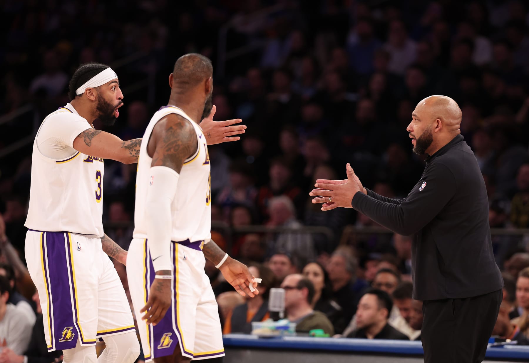 Anthony Davis, LeBron James and Darvin Ham