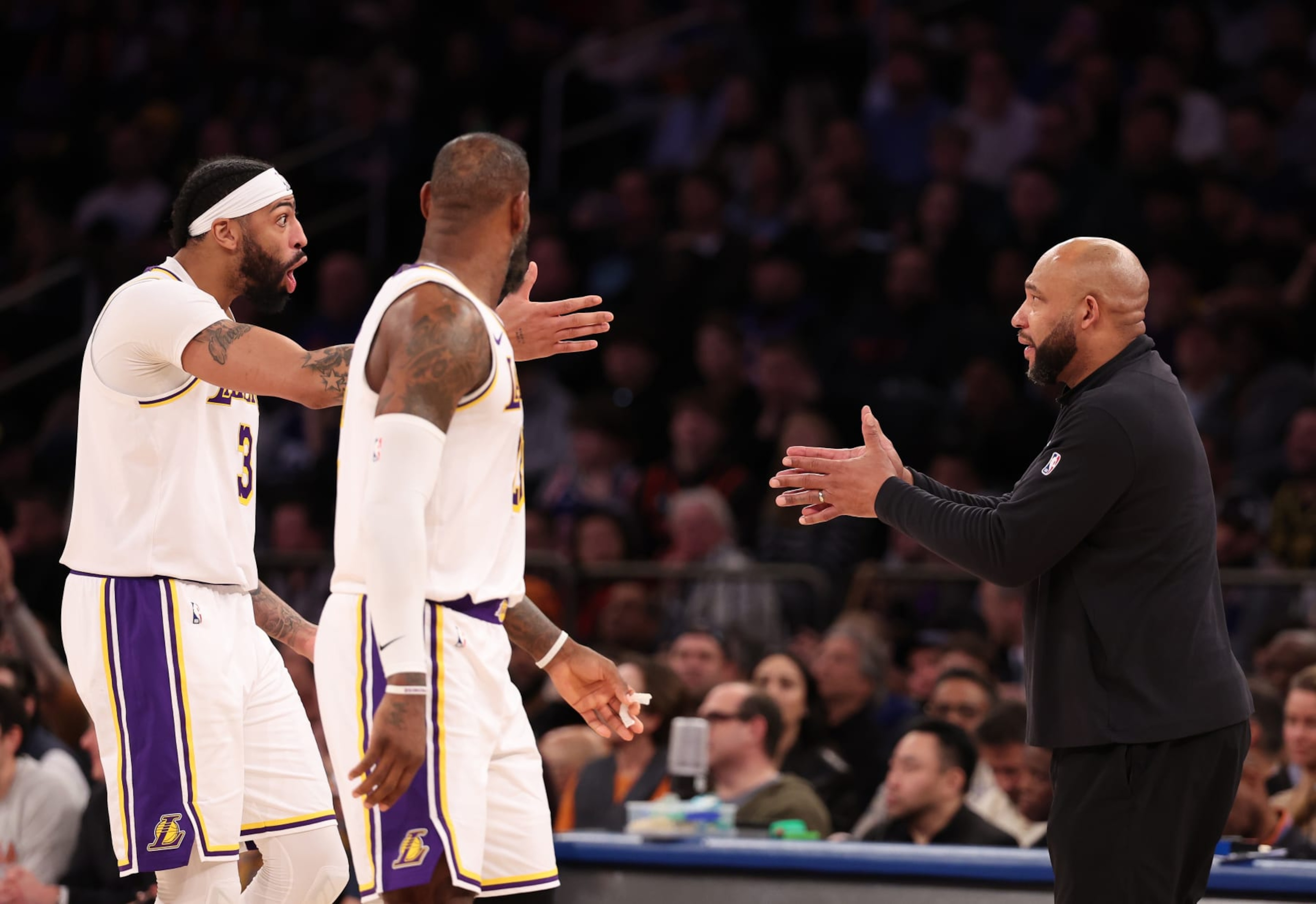 Anthony Davis, LeBron James and Darvin Ham
