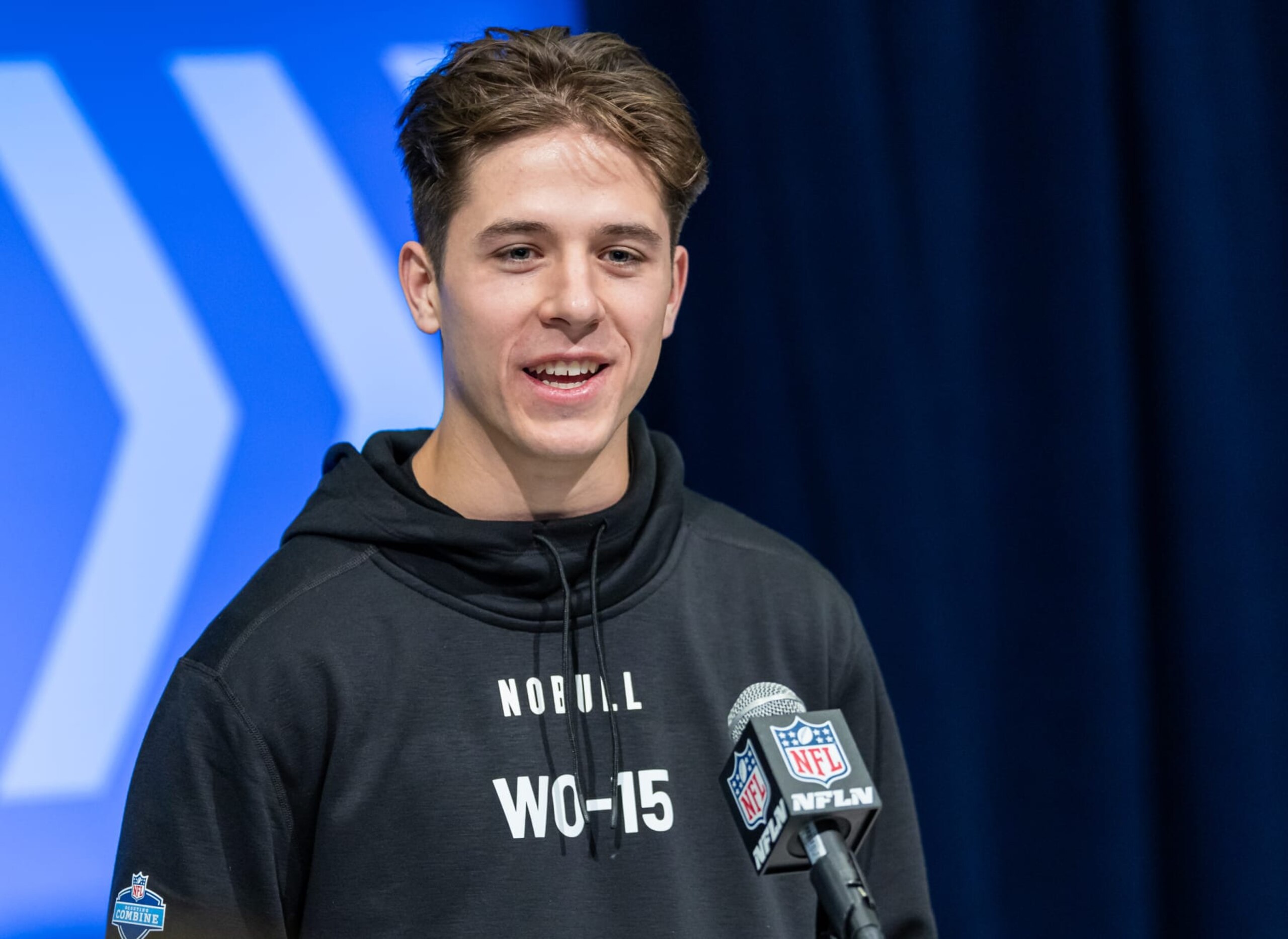 INDIANAPOLIS, INDIANA - MARCH 01: Luke McCaffrey #WO15 of the Rice Owls speaks to the media during the 2024 NFL Draft Combine at Lucas Oil Stadium on March 01, 2024 in Indianapolis, Indiana. (Photo by Michael Hickey/Getty Images) INDIANAPOLIS, INDIANA - MARCH 01: Luke McCaffrey #WO15 of the Rice Owls speaks to the media during the 2024 NFL Draft Combine at Lucas Oil Stadium on March 01, 2024 in Indianapolis, Indiana. (Photo by Michael Hickey/Getty Images)