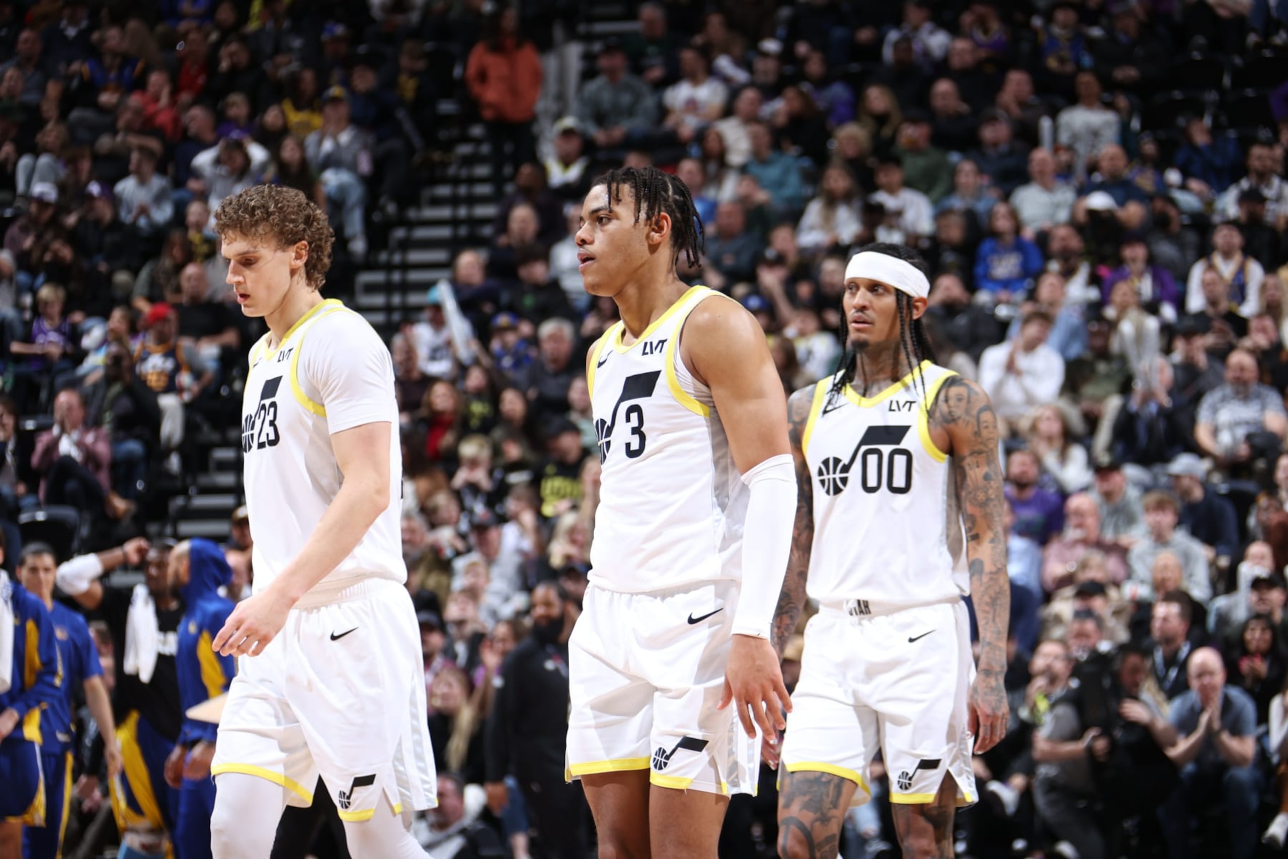 Lauri Markkanen, Keyonte George and Jordan Clarkson
