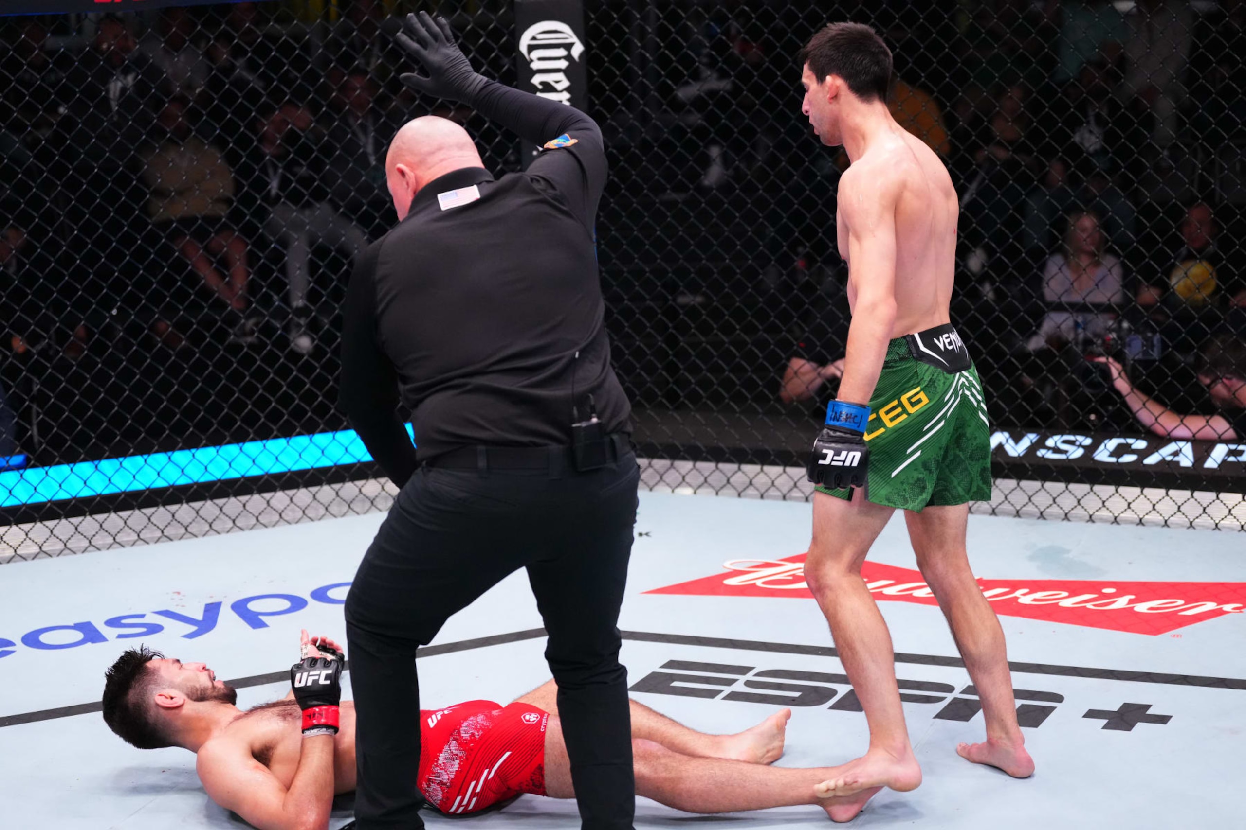 LAS VEGAS, NEVADA - MARCH 02: Steve Erceg of Australia reacts after knocking out Matt Schnell in a flyweight bout during the UFC Fight Night event at UFC APEX on March 02, 2024 in Las Vegas, Nevada. (Photo by Jeff Bottari/Zuffa LLC via Getty Images)