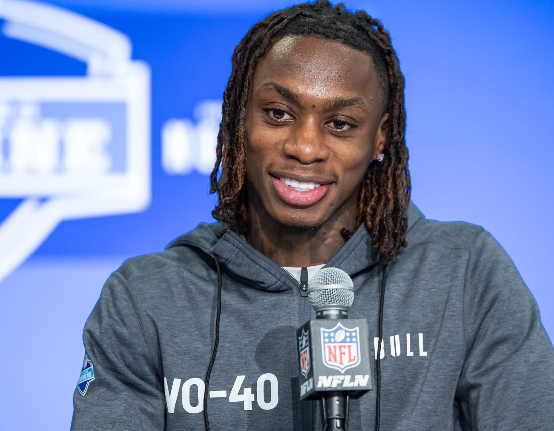 INDIANAPOLIS, INDIANA - MARCH 01: Xavier Worthy #WO40 of the Texas Longhorns speaks to the media during the 2024 NFL Draft Combine at Lucas Oil Stadium on March 01, 2024 in Indianapolis, Indiana. (Photo by Michael Hickey/Getty Images)