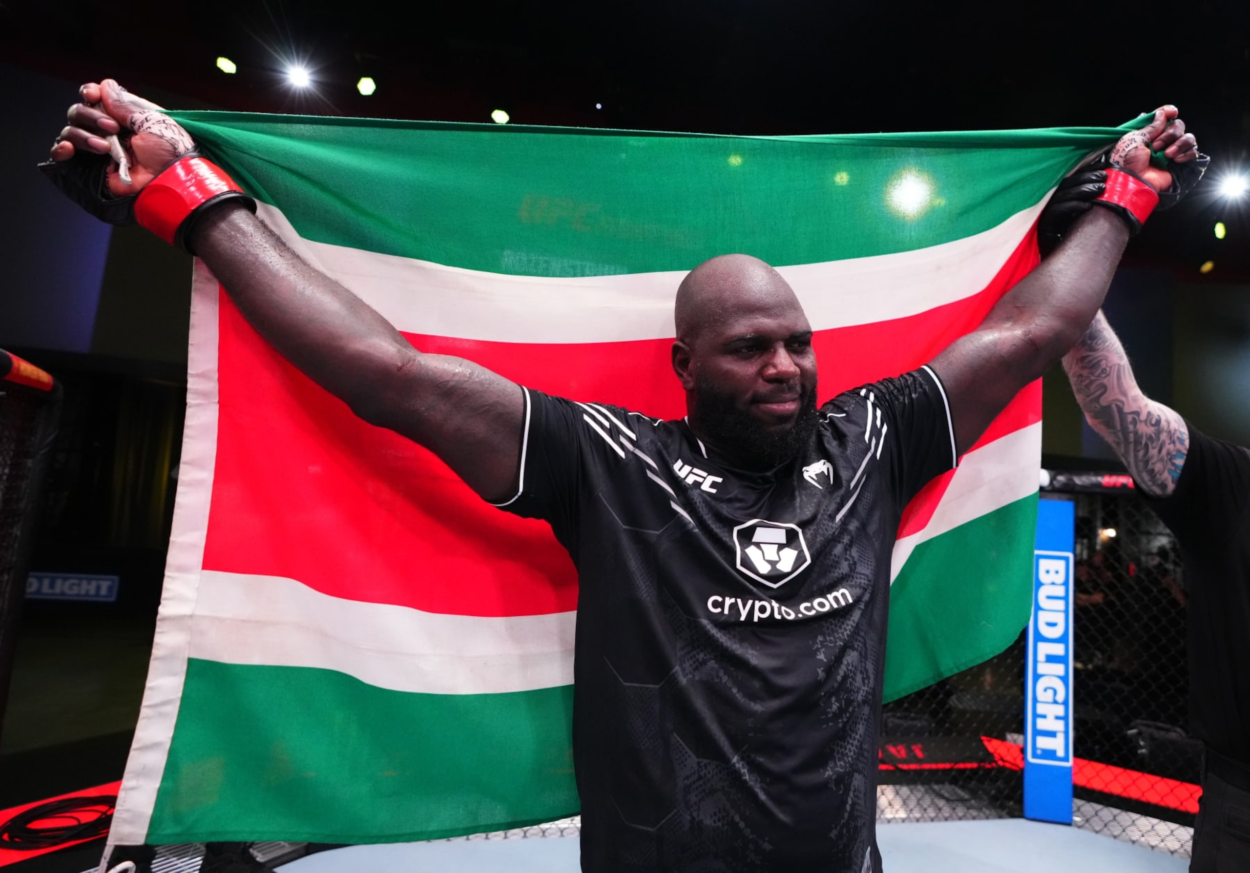 LAS VEGAS, NEVADA - MARCH 02: Jairzinho Rozenstruik of Suriname reacts after his victory against Shamil Gaziev of Russia in a heavyweight bout during the UFC Fight Night event at UFC APEX on March 02, 2024 in Las Vegas, Nevada. (Photo by Jeff Bottari/Zuffa LLC via Getty Images)