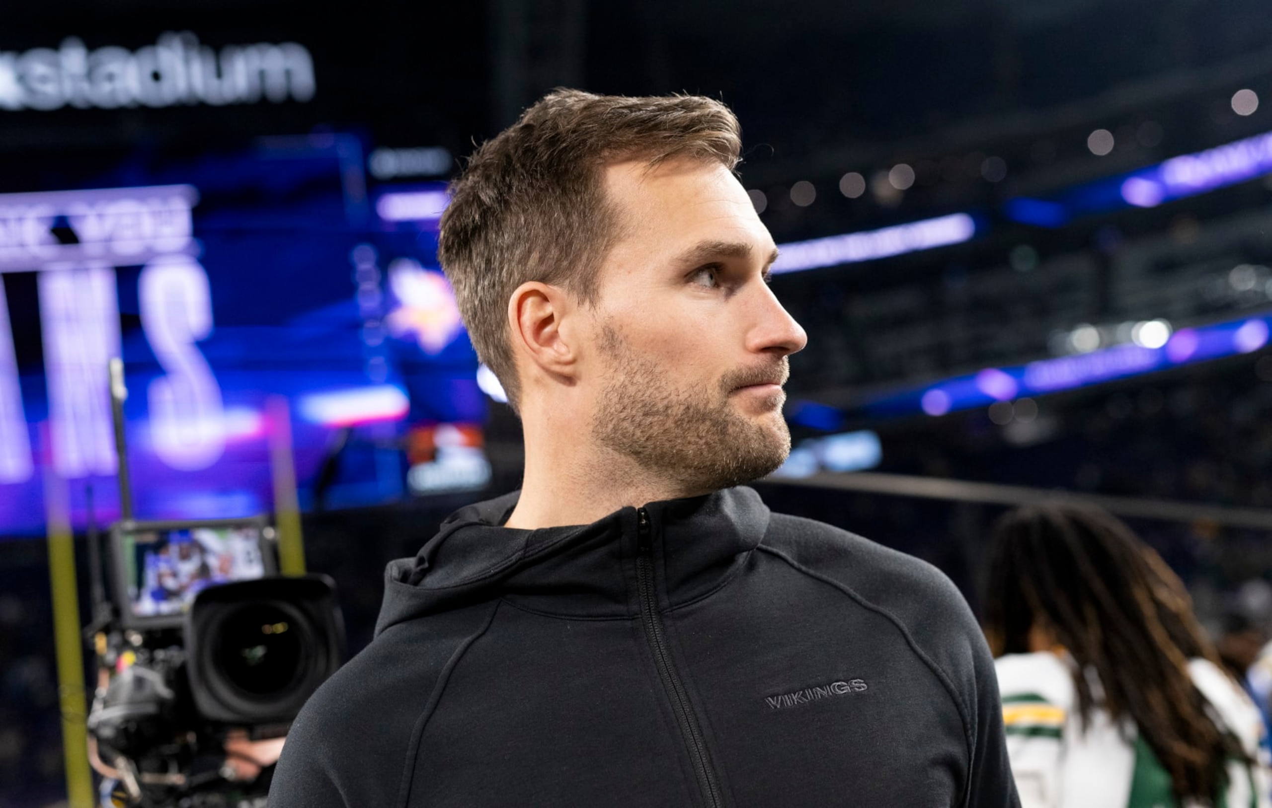 MINNEAPOLIS, MINNESOTA - DECEMBER 31: Kirk Cousins #8 of the Minnesota Vikings greets players on the field after the game against the Green Bay Packers at U.S. Bank Stadium on December 31, 2023 in Minneapolis, Minnesota. (Photo by Stephen Maturen/Getty Images) MINNEAPOLIS, MINNESOTA - DECEMBER 31: Kirk Cousins #8 of the Minnesota Vikings greets players on the field after the game against the Green Bay Packers at U.S. Bank Stadium on December 31, 2023 in Minneapolis, Minnesota. (Photo by Stephen Maturen/Getty Images)