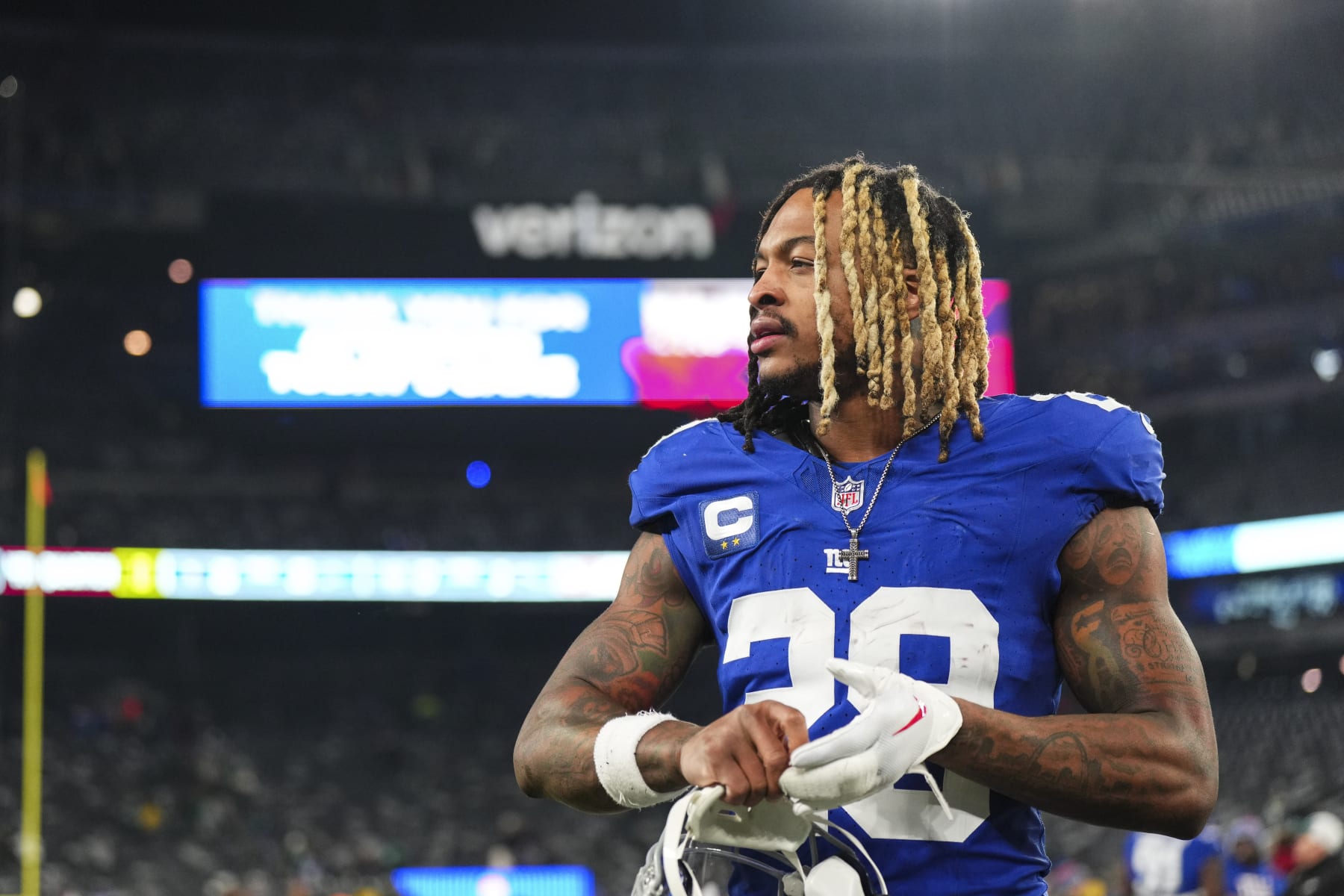 EAST RUTHERFORD, NJ - JANUARY 07: Xavier McKinney #29 of the New York Giants walks off of the field after an NFL football game against the Philadelphia Eagles at MetLife Stadium on January 7, 2024 in East Rutherford, New Jersey. (Photo by Cooper Neill/Getty Images)