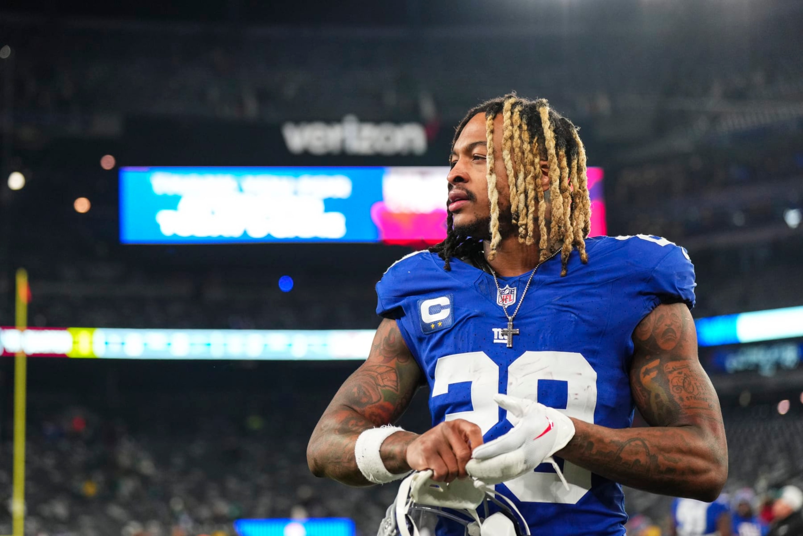 EAST RUTHERFORD, NJ - JANUARY 07: Xavier McKinney #29 of the New York Giants walks off of the field after an NFL football game against the Philadelphia Eagles at MetLife Stadium on January 7, 2024 in East Rutherford, New Jersey. (Photo by Cooper Neill/Getty Images)