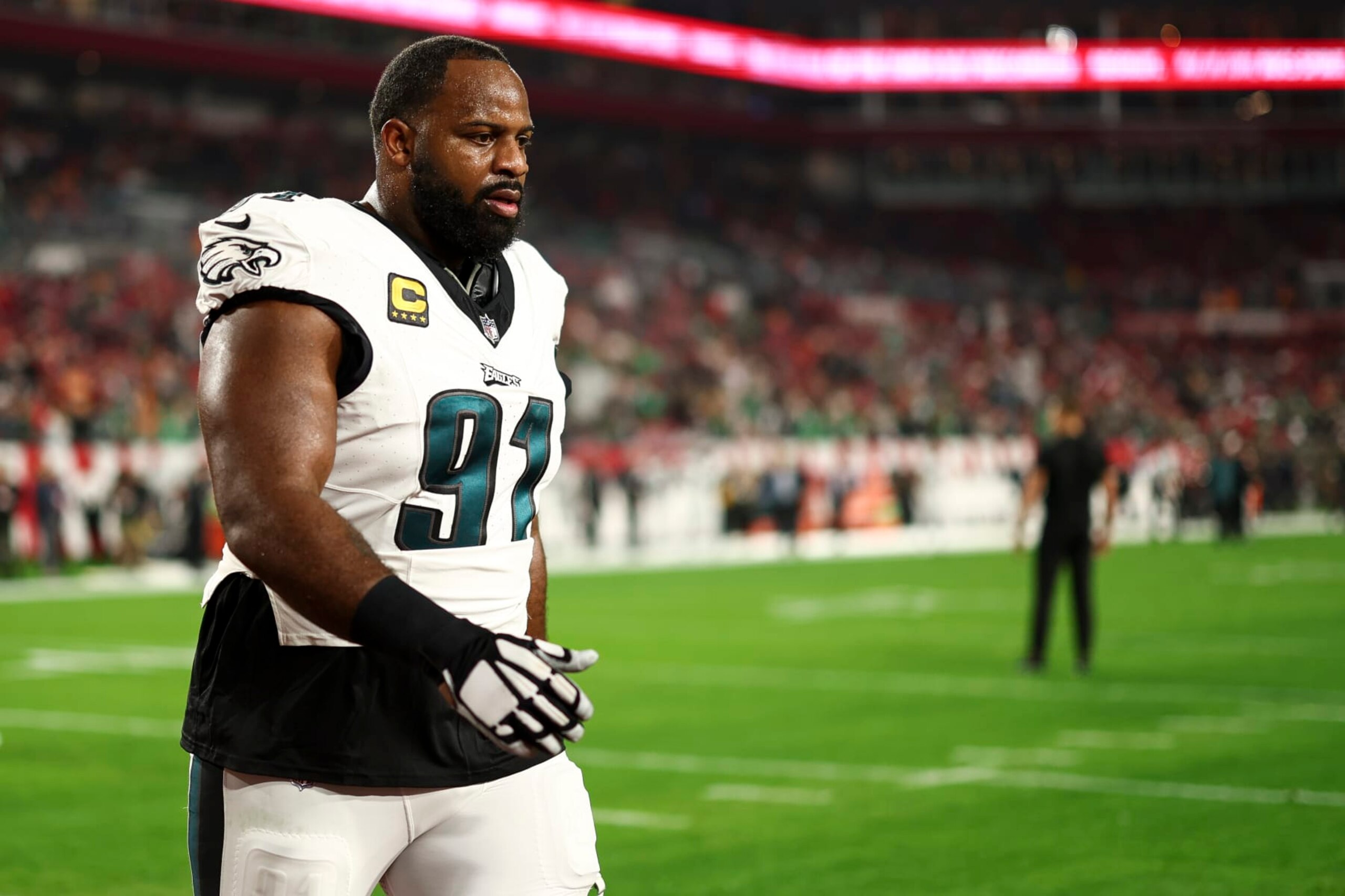 TAMPA, FL - JANUARY 15: Fletcher Cox #91 of the Philadelphia Eagles walks to the locker room prior to an NFL wild-card playoff football game against the Tampa Bay Buccaneers at Raymond James Stadium on January 15, 2024 in Tampa, Florida. (Photo by Kevin Sabitus/Getty Images)