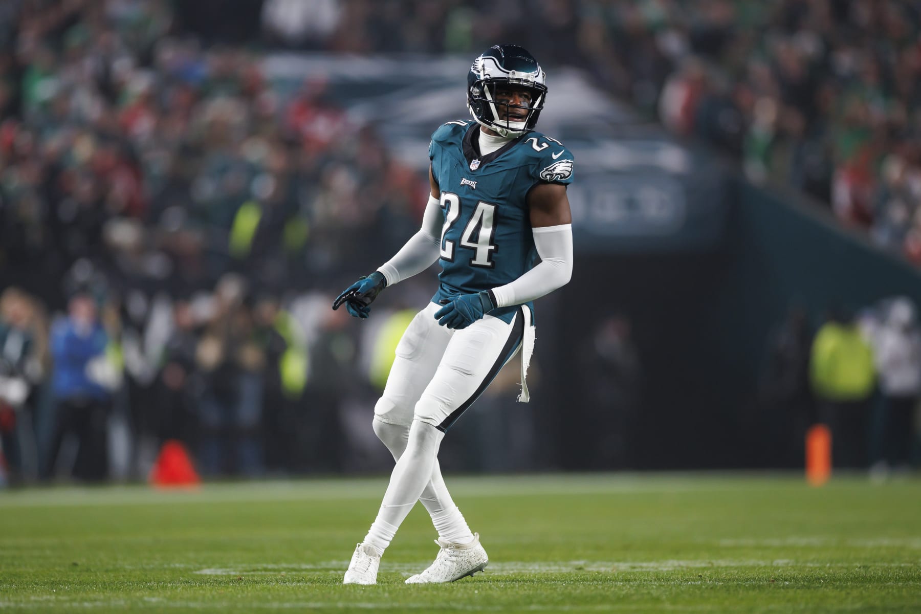 PHILADELPHIA, PENNSYLVANIA - DECEMBER 03: James Bradberry #24 of the Philadelphia Eagles defends in coverage during an NFL football game against the San Francisco 49ers at Lincoln Financial Field on December 3, 2023 in Philadelphia, Pennsylvania. (Photo by Ryan Kang/Getty Images)