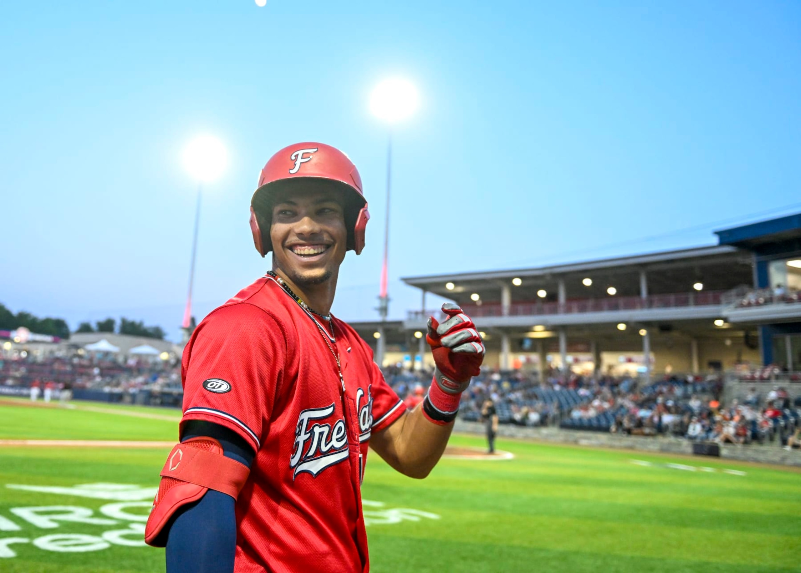 FREDERICKSBURG, VA - MAY 31: Fredricksburg Nationals Daylen Lile (10) smiles as he walks to the plate action against the Delmarva Shorebirds at Virginia Credit Union Stadium on May 31, 2023. (Photo by Jonathan Newton/The Washington Post via Getty Images) FREDERICKSBURG, VA - MAY 31: Fredricksburg Nationals Daylen Lile (10) smiles as he walks to the plate action against the Delmarva Shorebirds at Virginia Credit Union Stadium on May 31, 2023. (Photo by Jonathan Newton/The Washington Post via Getty Images)