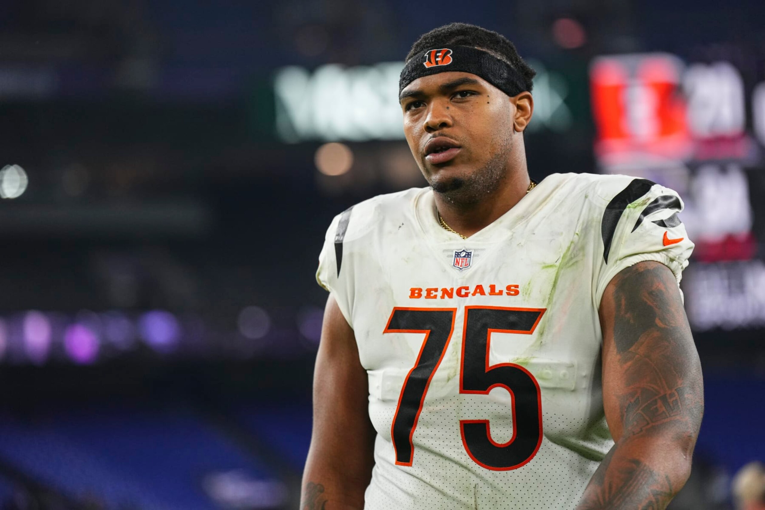 BALTIMORE, MD - NOVEMBER 16: Orlando Brown Jr. #75 of the Cincinnati Bengals walks off of the field after an NFL football game against the Baltimore Ravens at M&T Bank Stadium on November 16, 2023 in Baltimore, Maryland. (Photo by Cooper Neill/Getty Images)