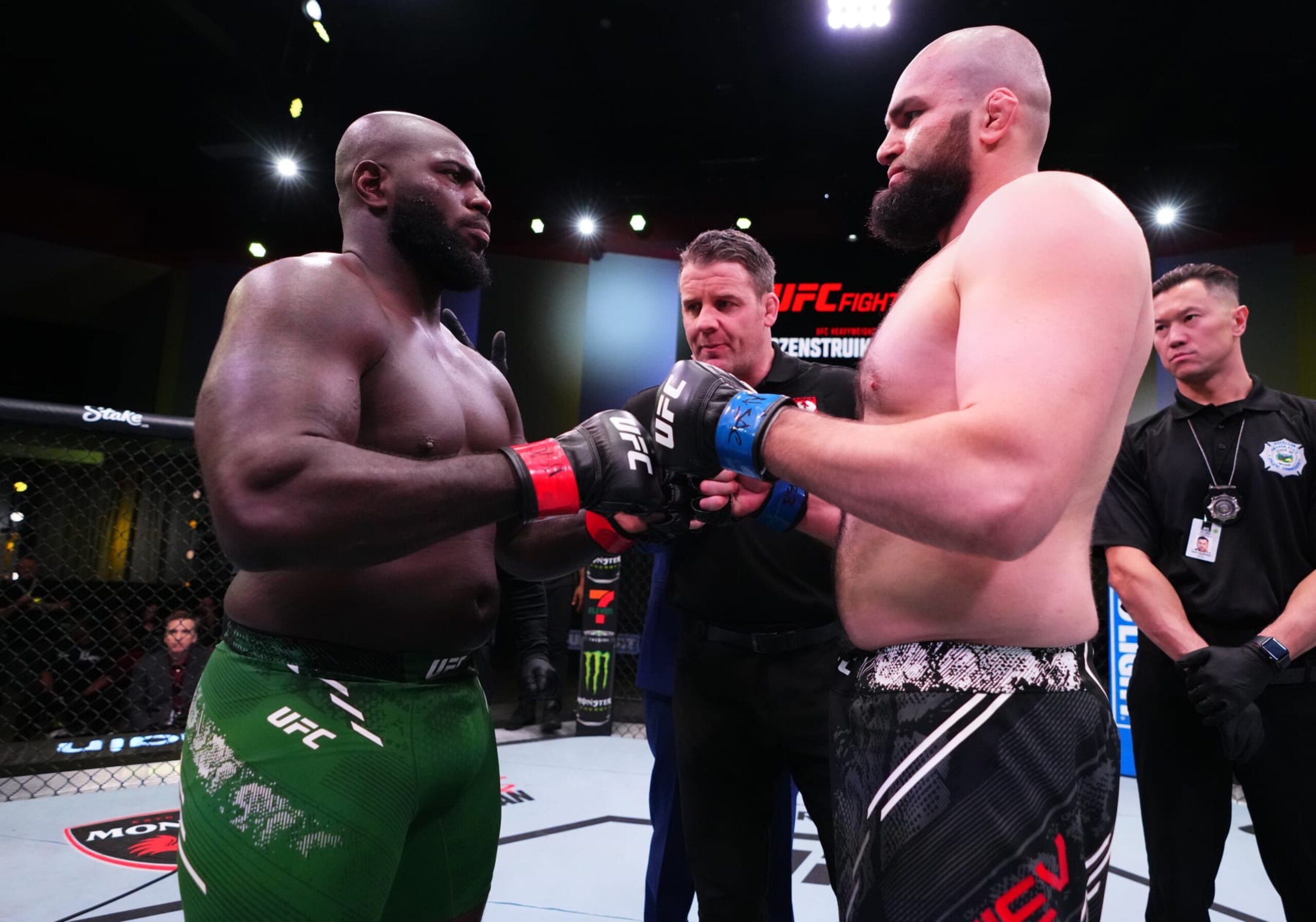 Jairzinho Rozenstruik and Shamil Gaziev of Russia face off in the Octagon