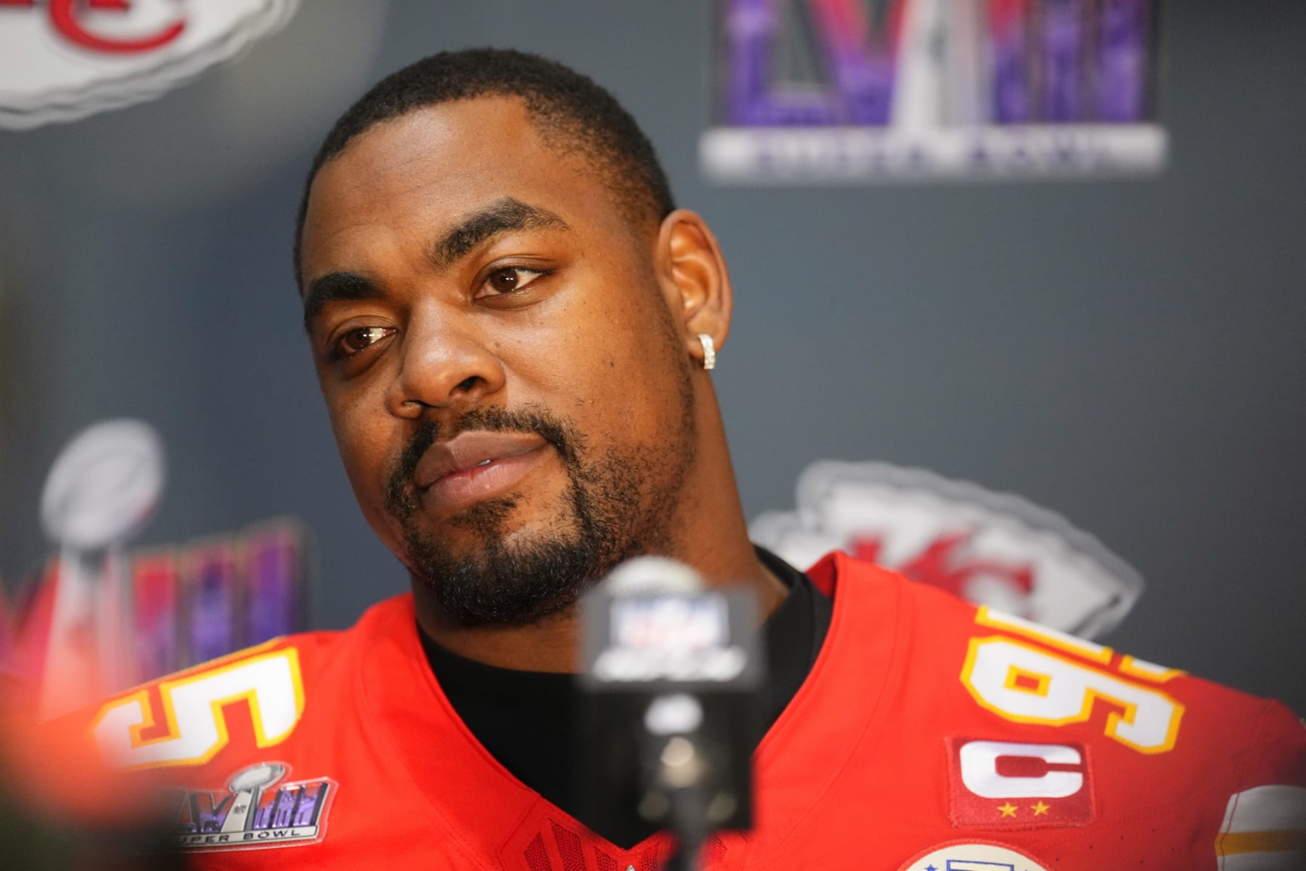 HENDERSON, NEVADA - FEBRUARY 06:  Chris Jones of the Kansas City Chiefs speaks to the media during Kansas City Chiefs media availability ahead of Super Bowl LVIII at Westin Lake Las Vegas Resort and Spa on February 06, 2024 in Henderson, Nevada. (Photo by Chris Unger/Getty Images)