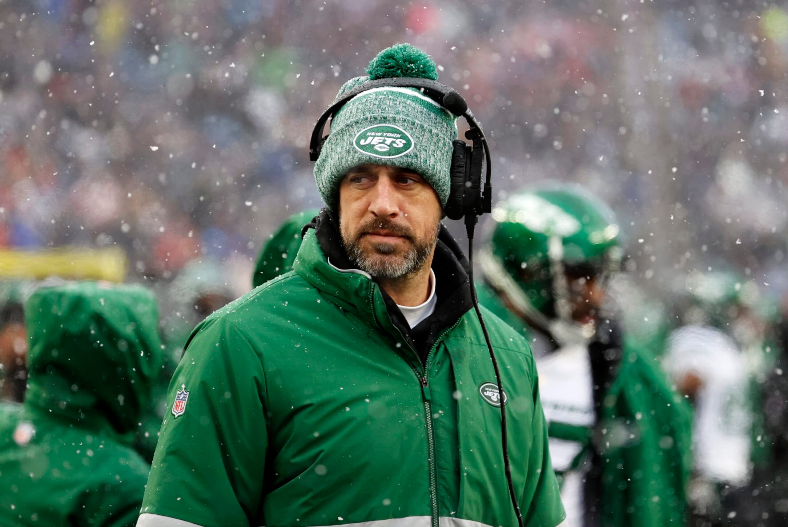 FOXBOROUGH, MA - JANUARY 07: New York Jets quarterback Aaron Rodgers (8) during a game between the New England Patriots and the New York Jets on January 7, 2024, at Gillette Stadium in Foxborough, Massachusetts. (Photo by Fred Kfoury III/Icon Sportswire via Getty Images)