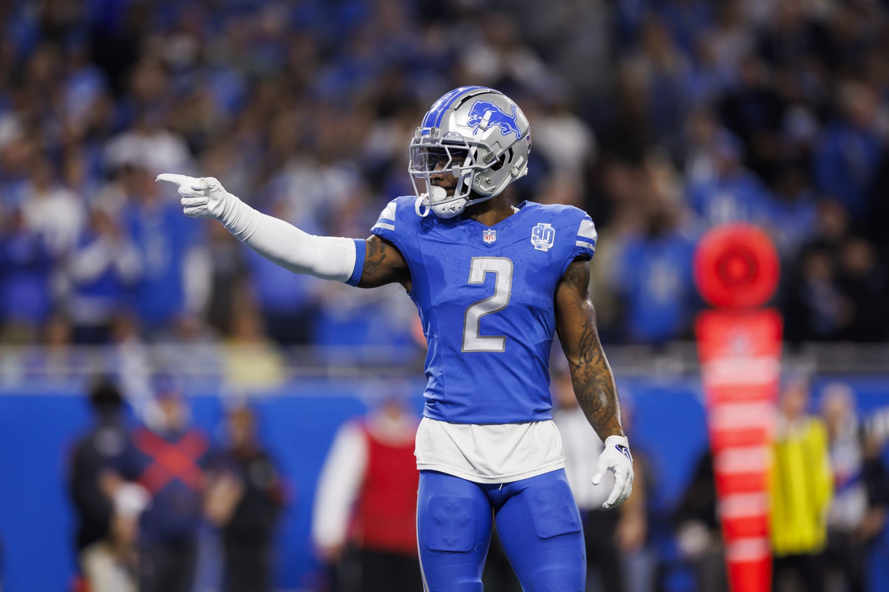 DETROIT, MICHIGAN - JANUARY 14: C.J. Gardner-Johnson #2 of the Detroit Lions points and celebrates during an NFC Wild Card Playoff football game against the Los Angeles Rams at Ford Field on January 14, 2024 in Detroit, Michigan. (Photo by Ryan Kang/Getty Images)