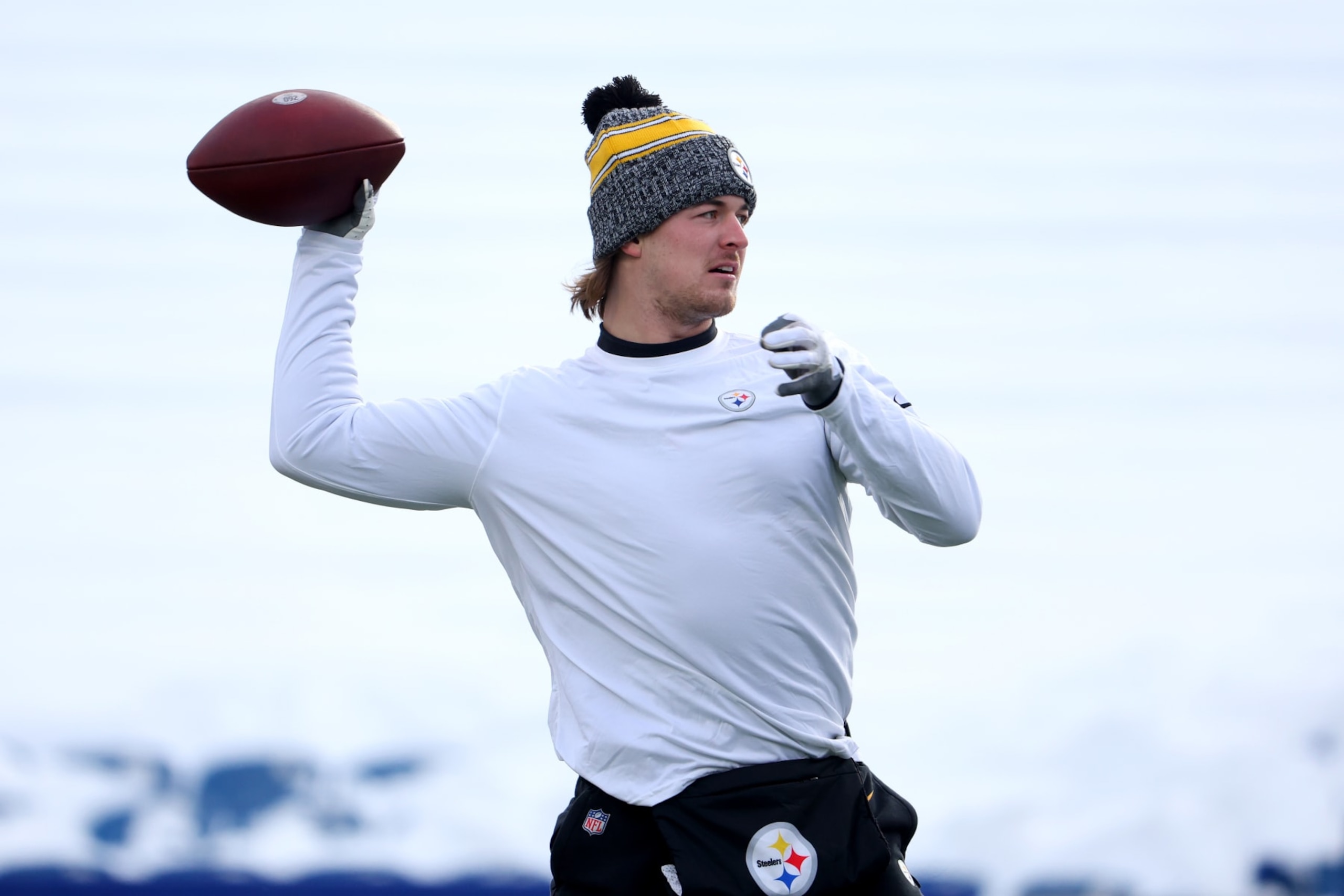 ORCHARD PARK, NEW YORK - JANUARY 15: Kenny Pickett #8 of the Pittsburgh Steelers warms up before the game against the Buffalo Bills at Highmark Stadium on January 15, 2024 in Orchard Park, New York. (Photo by Timothy T Ludwig/Getty Images)