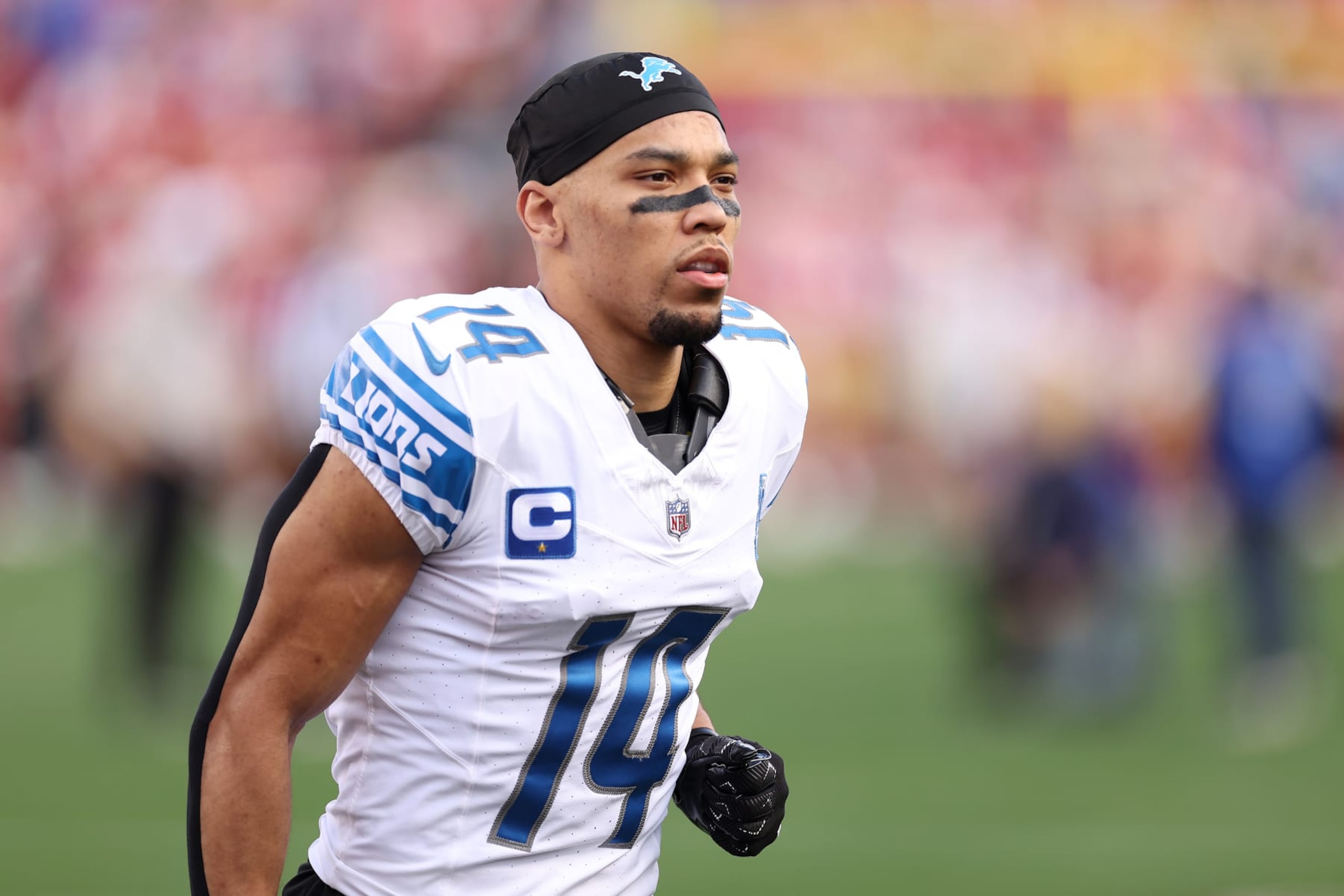 SANTA CLARA, CALIFORNIA - JANUARY 28: Amon-Ra St. Brown #14 of the Detroit Lions on the field prior to a game against the San Francisco 49ers in the NFC Championship Game at Levi's Stadium on January 28, 2024 in Santa Clara, California. (Photo by Ezra Shaw/Getty Images) SANTA CLARA, CALIFORNIA - JANUARY 28: Amon-Ra St. Brown #14 of the Detroit Lions on the field prior to a game against the San Francisco 49ers in the NFC Championship Game at Levi's Stadium on January 28, 2024 in Santa Clara, California. (Photo by Ezra Shaw/Getty Images)