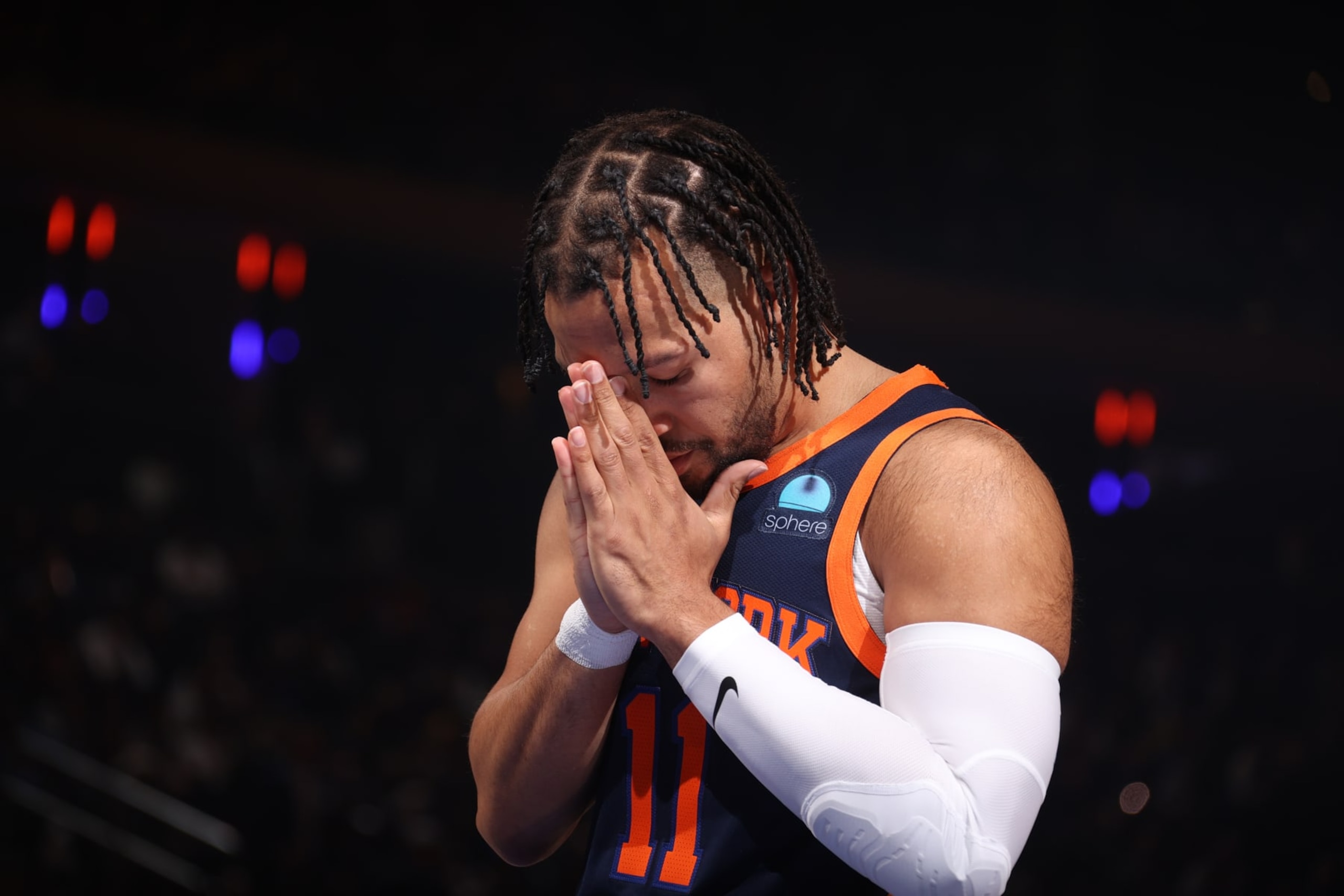 NEW YORK, NY - FEBRUARY 29: Jalen Brunson #11 of the New York Knicks before the game against the Golden State Warriors on February 29, 2024 at Madison Square Garden in New York City, New York.  NOTE TO USER: User expressly acknowledges and agrees that, by downloading and or using this photograph, User is consenting to the terms and conditions of the Getty Images License Agreement. Mandatory Copyright Notice: Copyright 2024 NBAE  (Photo by Nathaniel S. Butler/NBAE via Getty Images)
