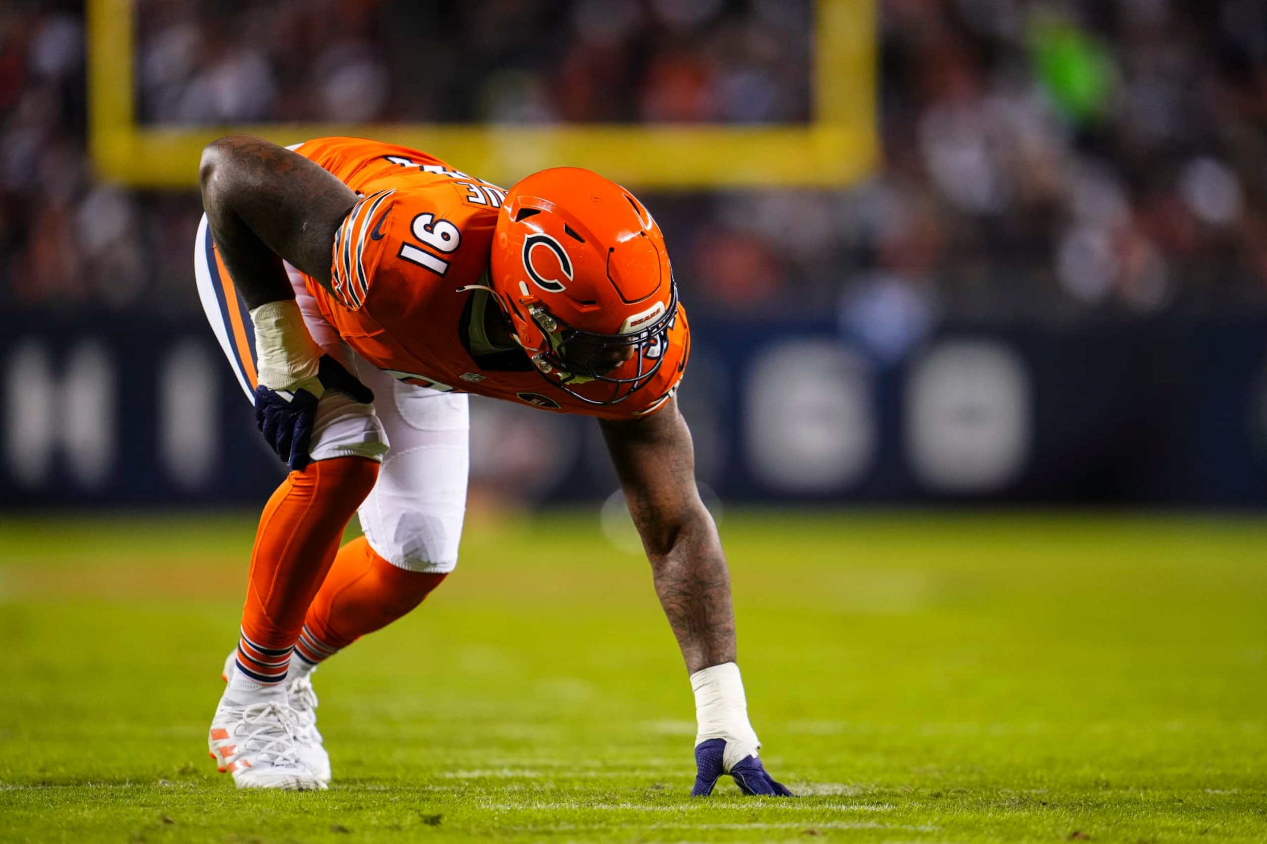 CHICAGO, IL - NOVEMBER 09: Yannick Ngakoue #91 of the Chicago Bears lines up during an NFL football game against the Carolina Panthers at Soldier Field on November 9, 2023 in Chicago, Illinois. (Photo by Cooper Neill/Getty Images)