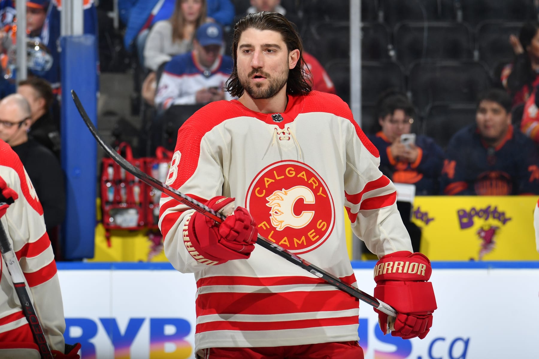 EDMONTON, CANADA - FEBRUARY 24: Chris Tanev #8 of the Calgary Flames participates in warm ups before the game against the Edmonton Oilers at Rogers Place on February 24, 2024, in Edmonton, Alberta, Canada. (Photo by Andy Devlin/NHLI via Getty Images)