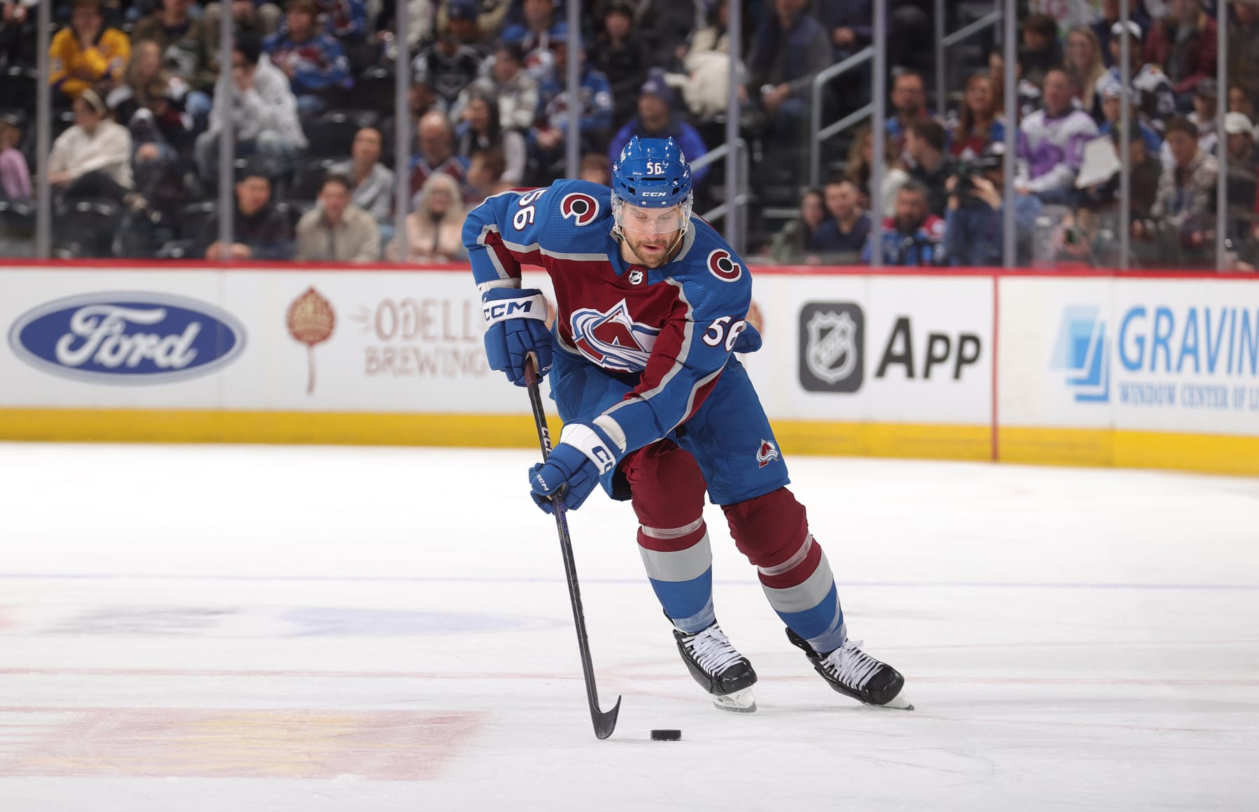 DENVER, COLORADO - JANUARY 26: Kurtis MacDermid #56 of the Colorado Avalanche skates against the Los Angeles Kings at Ball Arena on January 26, 2024 in Denver, Colorado. (Photo by Michael Martin/NHLI via Getty Images)