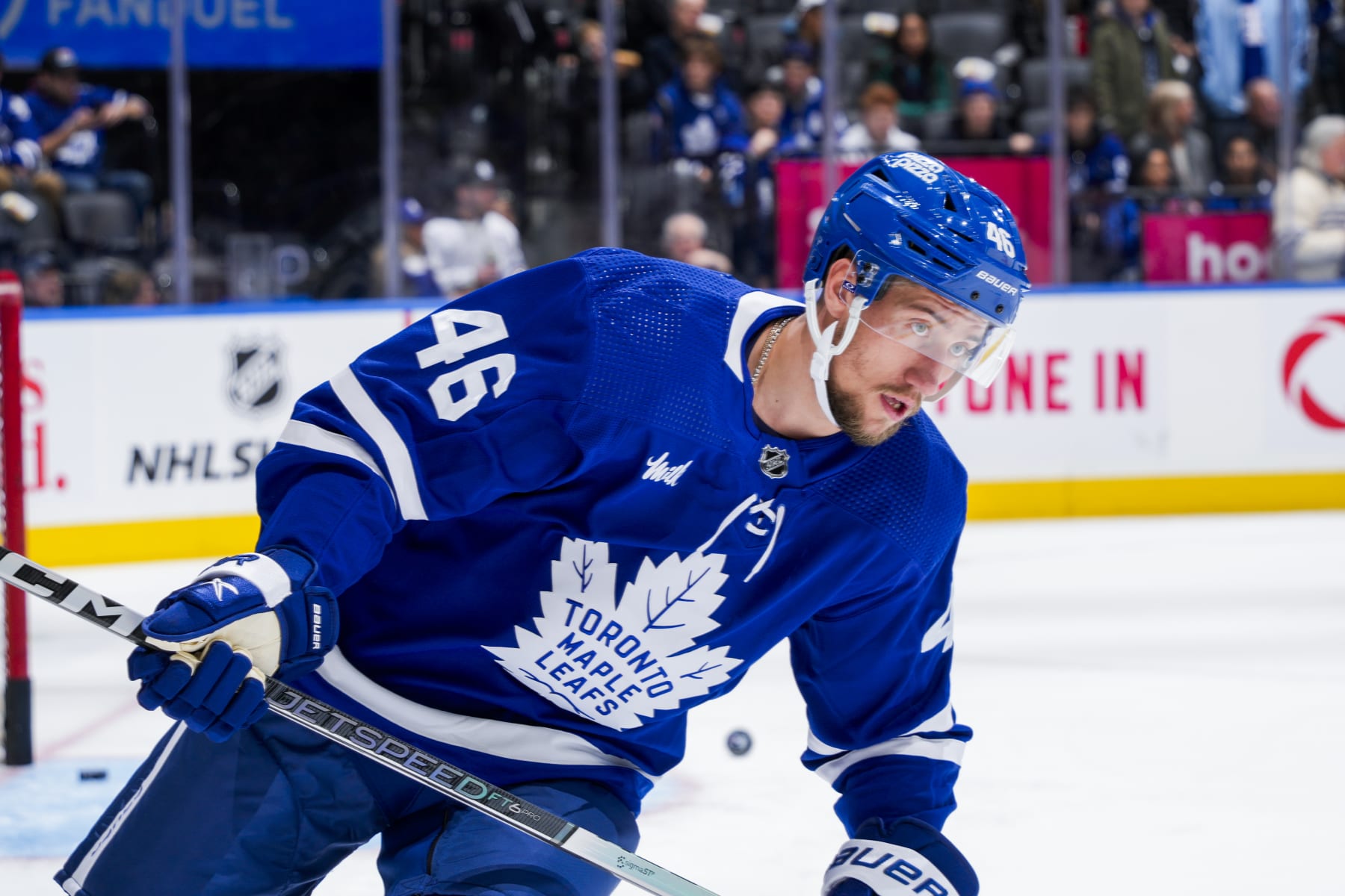 TORONTO, ON - MARCH 2: Ilya Lyubushkin #46 of the Toronto Maple Leafs warms up before facing the New York Rangers at Scotiabank Arena on March 2, 2024 in Toronto, Ontario, Canada. (Photo by Kevin Sousa/NHLI via Getty Images)