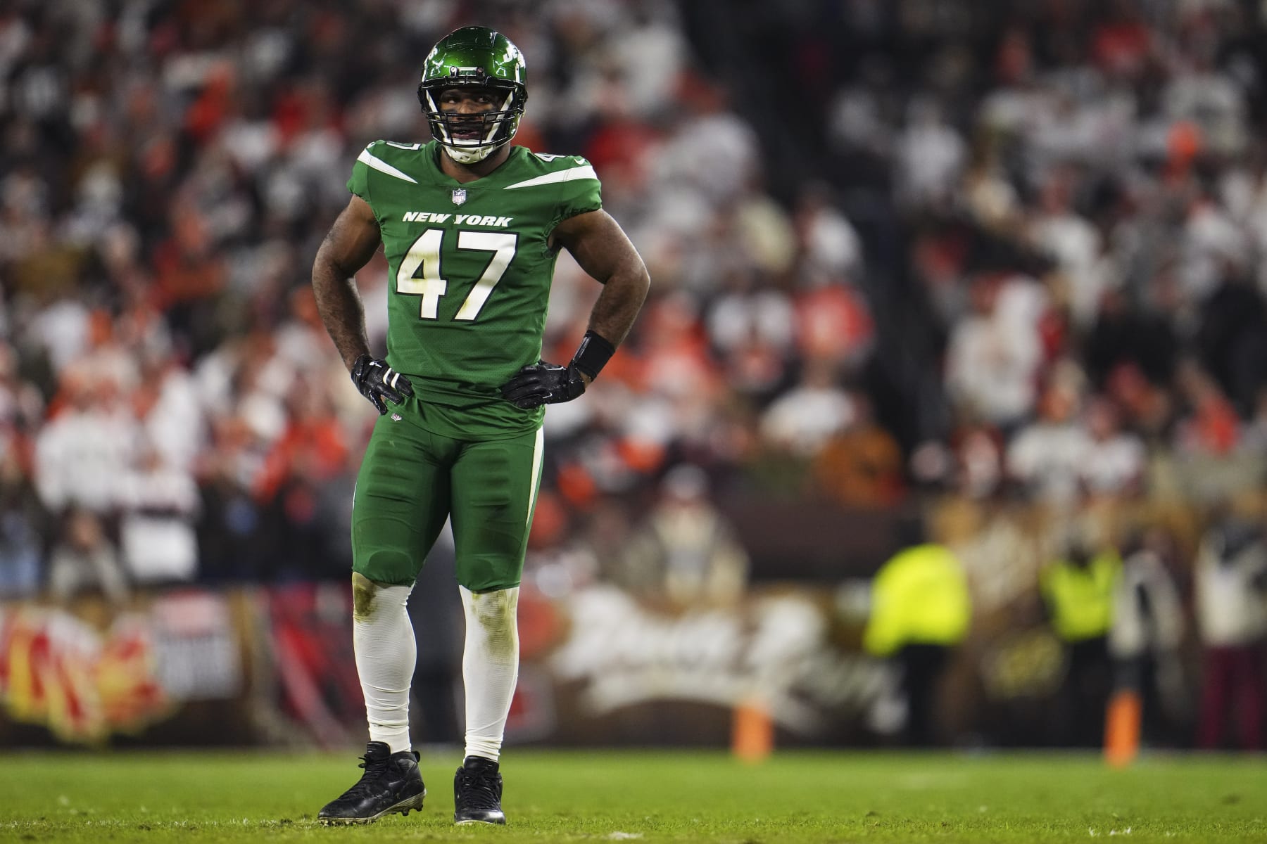 CLEVELAND, OH - DECEMBER 28: Bryce Huff #47 of the New York Jets looks on from the field during an NFL football game against the Cleveland Browns at Cleveland Browns Stadium on December 28, 2023 in Cleveland, Ohio. (Photo by Cooper Neill/Getty Images)