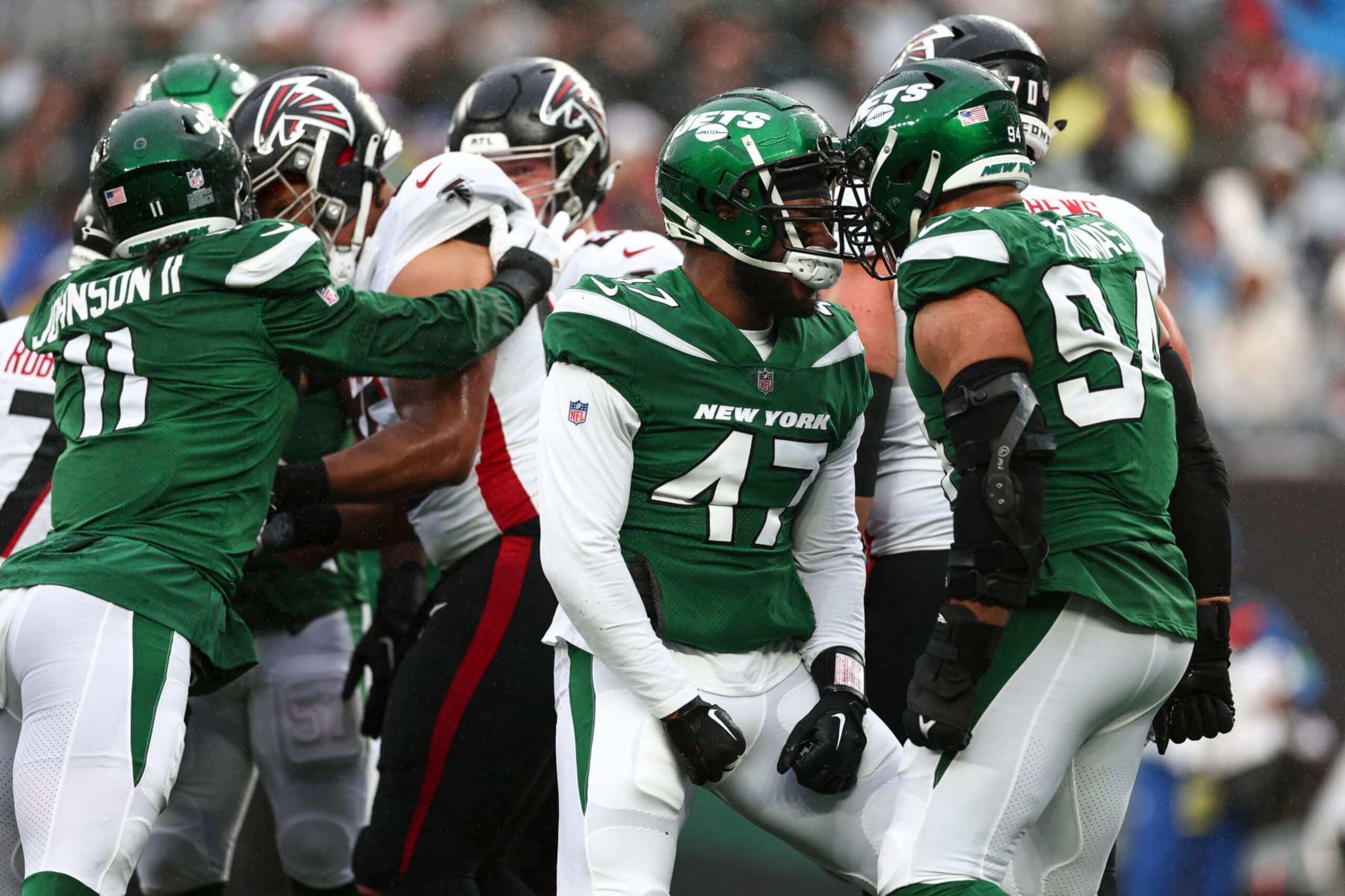 EAST RUTHERFORD, NJ - DECEMBER 3: Bryce Huff #47 of the New York Jets celebrates with Solomon Thomas #94 after a play during the second quarter of an NFL football game against the Atlanta Falcons at MetLife Stadium on December 3, 2023 in East Rutherford, New Jersey. (Photo by Kevin Sabitus/Getty Images)