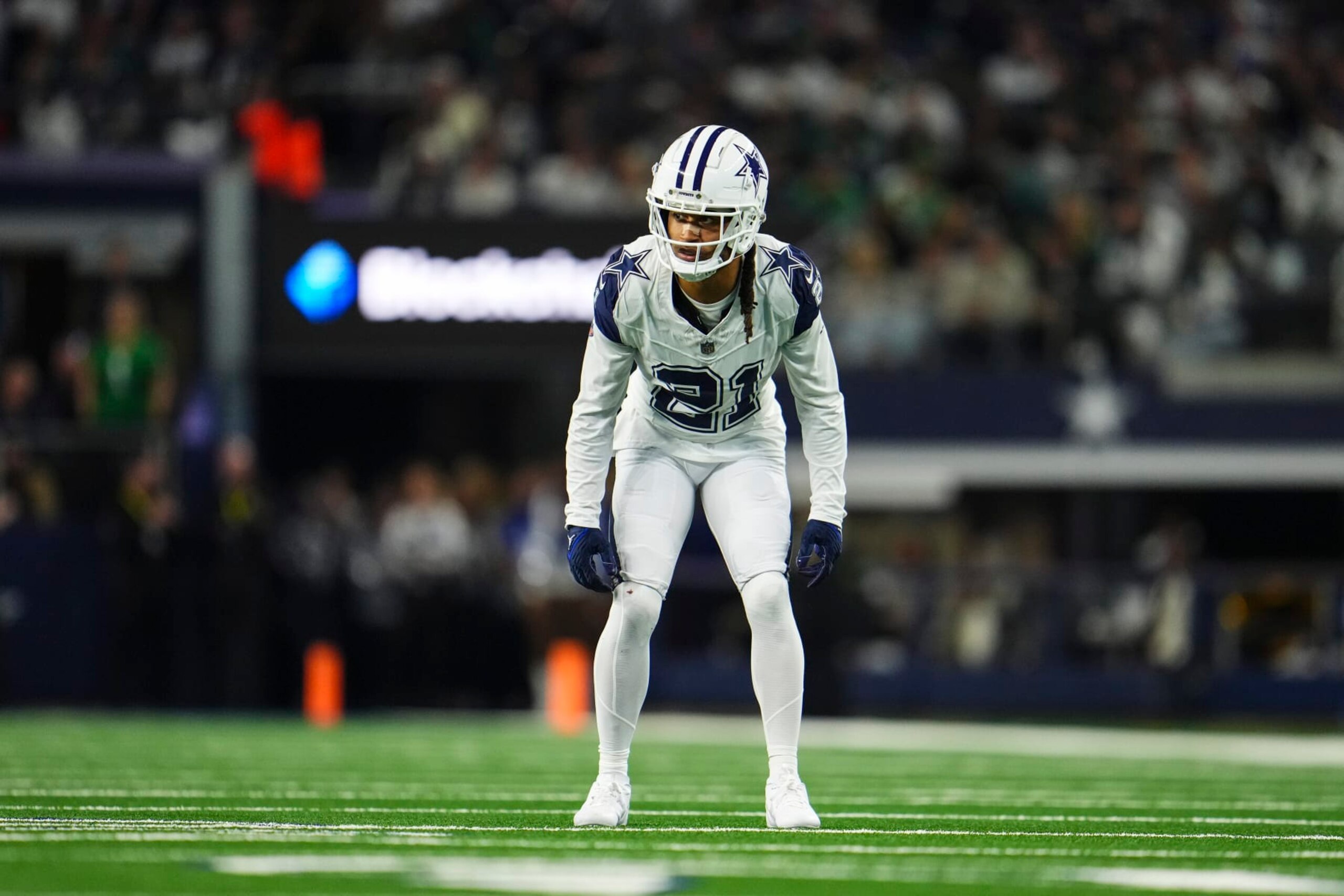 ARLINGTON, TX - DECEMBER 10: Stephon Gilmore #21 of the Dallas Cowboys lines up during an NFL football game against the Philadelphia Eagles at AT&T Stadium on December 10, 2023 in Arlington, Texas. (Photo by Cooper Neill/Getty Images)