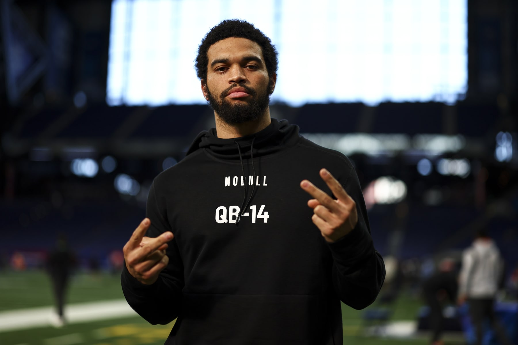 INDIANAPOLIS, INDIANA - MARCH 2: Caleb Williams #QB14 of Southern California poses for a photo during the NFL Combine at the Indiana Convention Center on March 2, 2024 in Indianapolis, Indiana. (Photo by Kevin Sabitus/Getty Images)