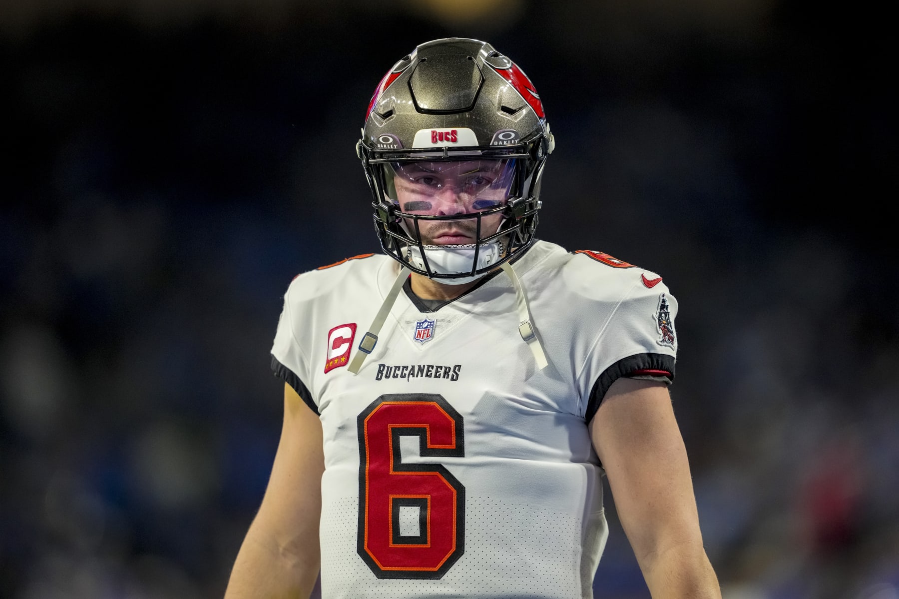 DETROIT, MICHIGAN - JANUARY 21: Baker Mayfield #6 of the Tampa Bay Buccaneers looks on against the Detroit Lions at Ford Field on January 21, 2024 in Detroit, Michigan. (Photo by Nic Antaya/Getty Images)