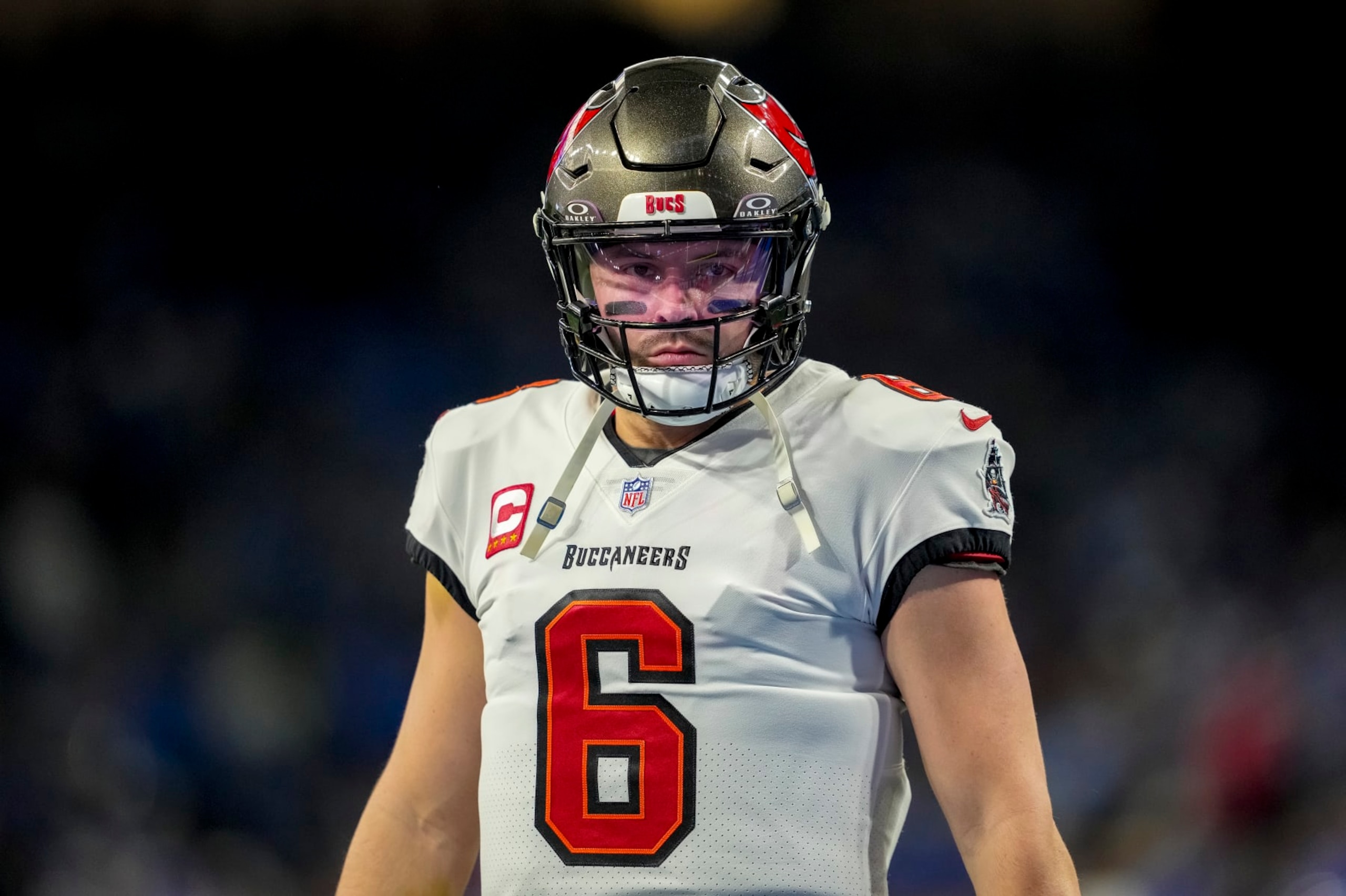 DETROIT, MICHIGAN - JANUARY 21: Baker Mayfield #6 of the Tampa Bay Buccaneers looks on against the Detroit Lions at Ford Field on January 21, 2024 in Detroit, Michigan. (Photo by Nic Antaya/Getty Images) DETROIT, MICHIGAN - JANUARY 21: Baker Mayfield #6 of the Tampa Bay Buccaneers looks on against the Detroit Lions at Ford Field on January 21, 2024 in Detroit, Michigan. (Photo by Nic Antaya/Getty Images)
