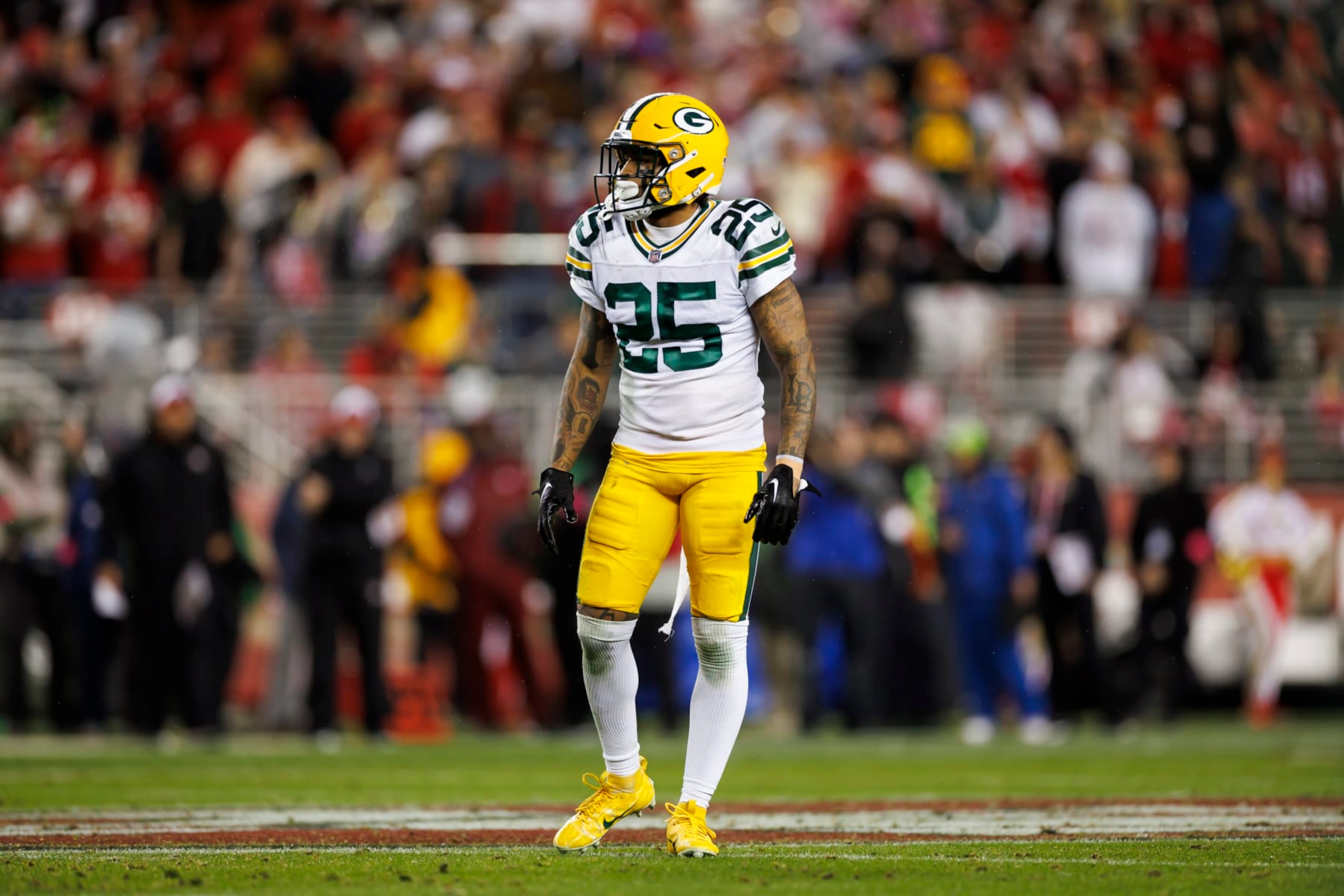 SANTA CLARA, CALIFORNIA - JANUARY 20: Keisean Nixon #25 of the Green Bay Packers defends in coverage during an NFC divisional round playoff football game against the San Francisco 49ers at Levi's Stadium on January 20, 2024 in Santa Clara, California. (Photo by Ryan Kang/Getty Images)