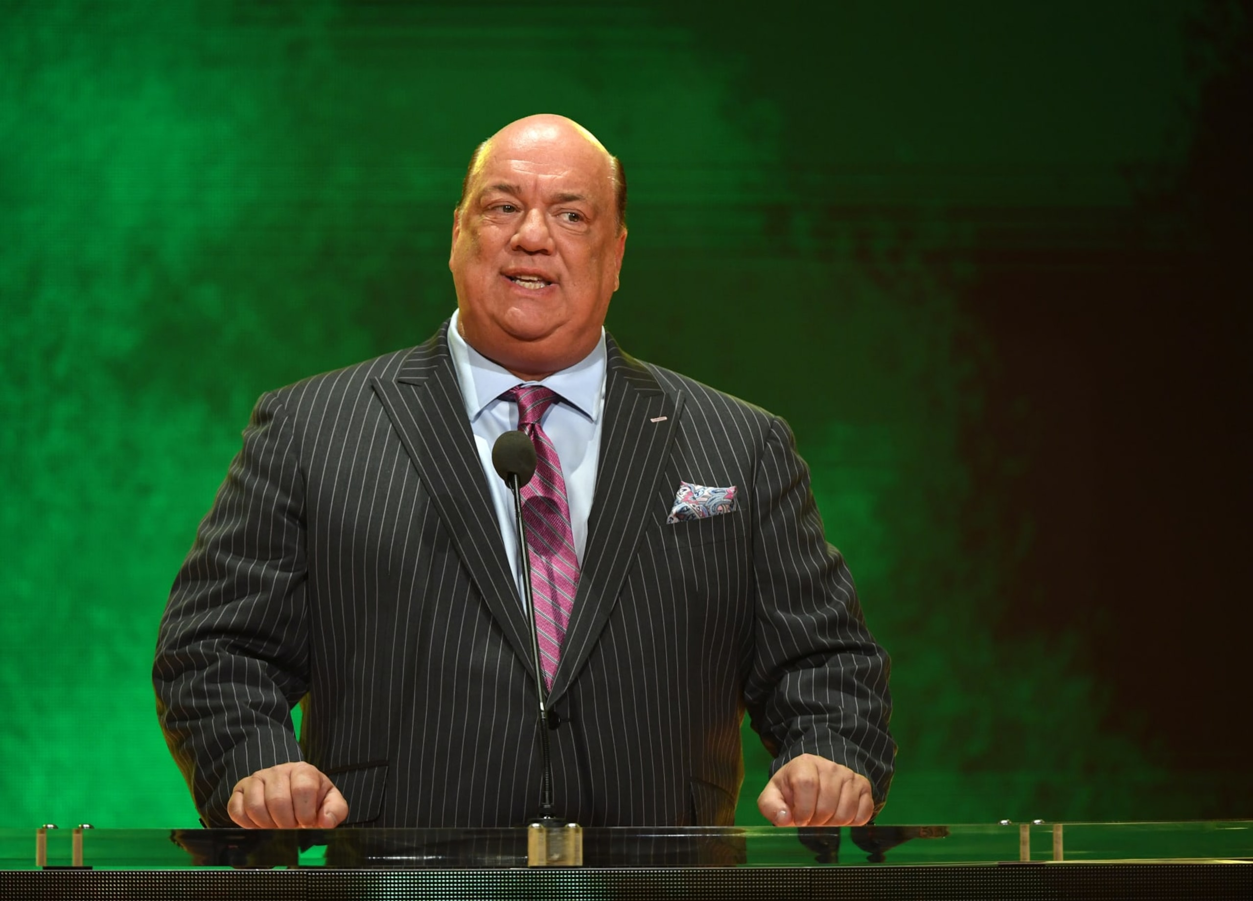 LAS VEGAS, NEVADA - OCTOBER 11:  Professional wrestler advocate Paul Heyman speaks at a WWE news conference at T-Mobile Arena on October 11, 2019 in Las Vegas, Nevada. It was announced that WWE wrestler Braun Strowman will face heavyweight boxer Tyson Fury and WWE champion Brock Lesnar will take on former UFC heavyweight champion Cain Velasquez at the WWE's Crown Jewel event at Fahd International Stadium in Riyadh, Saudi Arabia on October 31.  (Photo by Ethan Miller/Getty Images)