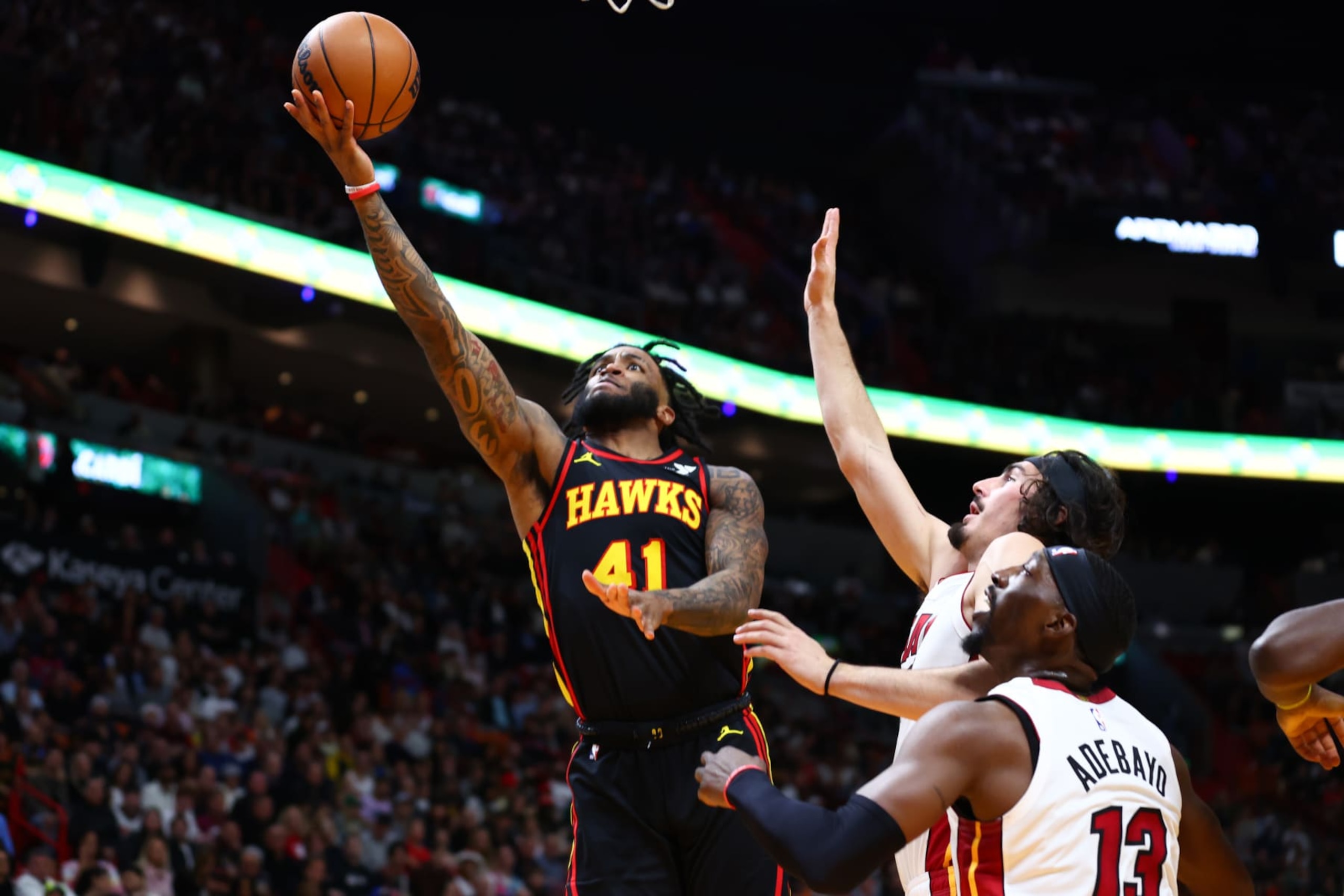 MIAMI, FLORIDA - DECEMBER 22: Saddiq Bey #41 of the Atlanta Hawks dribbles the ball against the Miami Heat during the first quarter of the game at Kaseya Center on December 22, 2023 in Miami, Florida. NOTE TO USER: User expressly acknowledges and agrees that, by downloading and or using this photograph, User is consenting to the terms and conditions of the Getty Images License Agreement. (Photo by Megan Briggs/Getty Images)