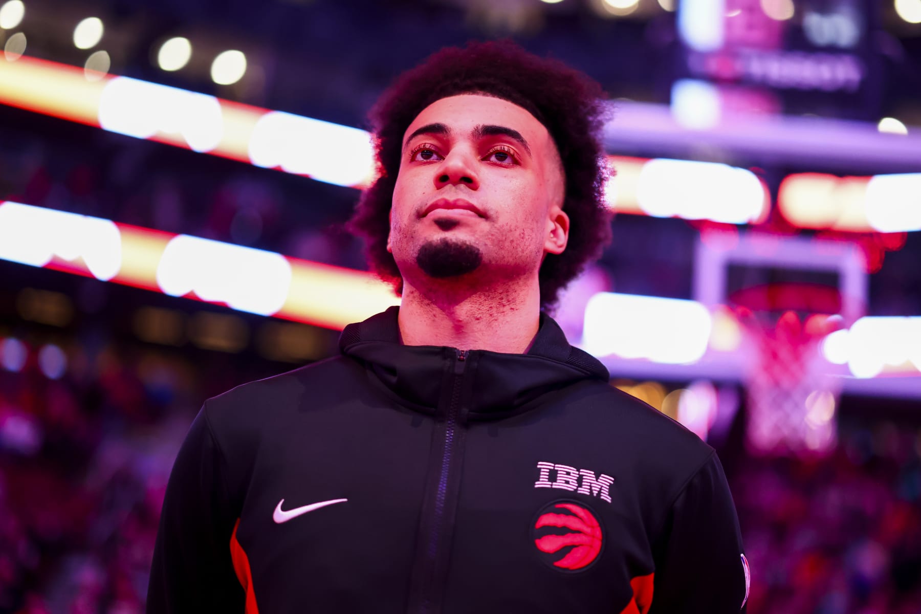 TORONTO, CANADA - MARCH 3: Jordan Nwora #13 of the Toronto Raptors stands for the National Anthem before the game against the Charlotte Hornets on March 3, 2024 at the Scotiabank Arena in Toronto, Ontario, Canada.  NOTE TO USER: User expressly acknowledges and agrees that, by downloading and or using this Photograph, user is consenting to the terms and conditions of the Getty Images License Agreement.  Mandatory Copyright Notice: Copyright 2024 NBAE (Photo by Vaughn Ridley/NBAE via Getty Images)