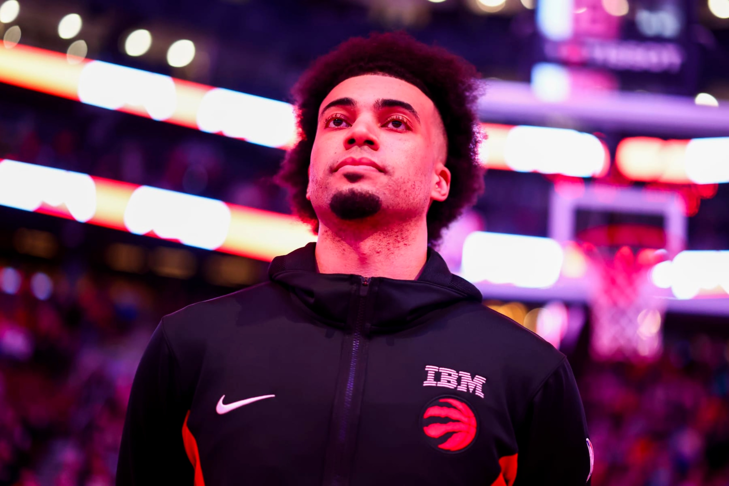 TORONTO, CANADA - MARCH 3: Jordan Nwora #13 of the Toronto Raptors stands for the National Anthem before the game against the Charlotte Hornets on March 3, 2024 at the Scotiabank Arena in Toronto, Ontario, Canada.  NOTE TO USER: User expressly acknowledges and agrees that, by downloading and or using this Photograph, user is consenting to the terms and conditions of the Getty Images License Agreement.  Mandatory Copyright Notice: Copyright 2024 NBAE (Photo by Vaughn Ridley/NBAE via Getty Images)